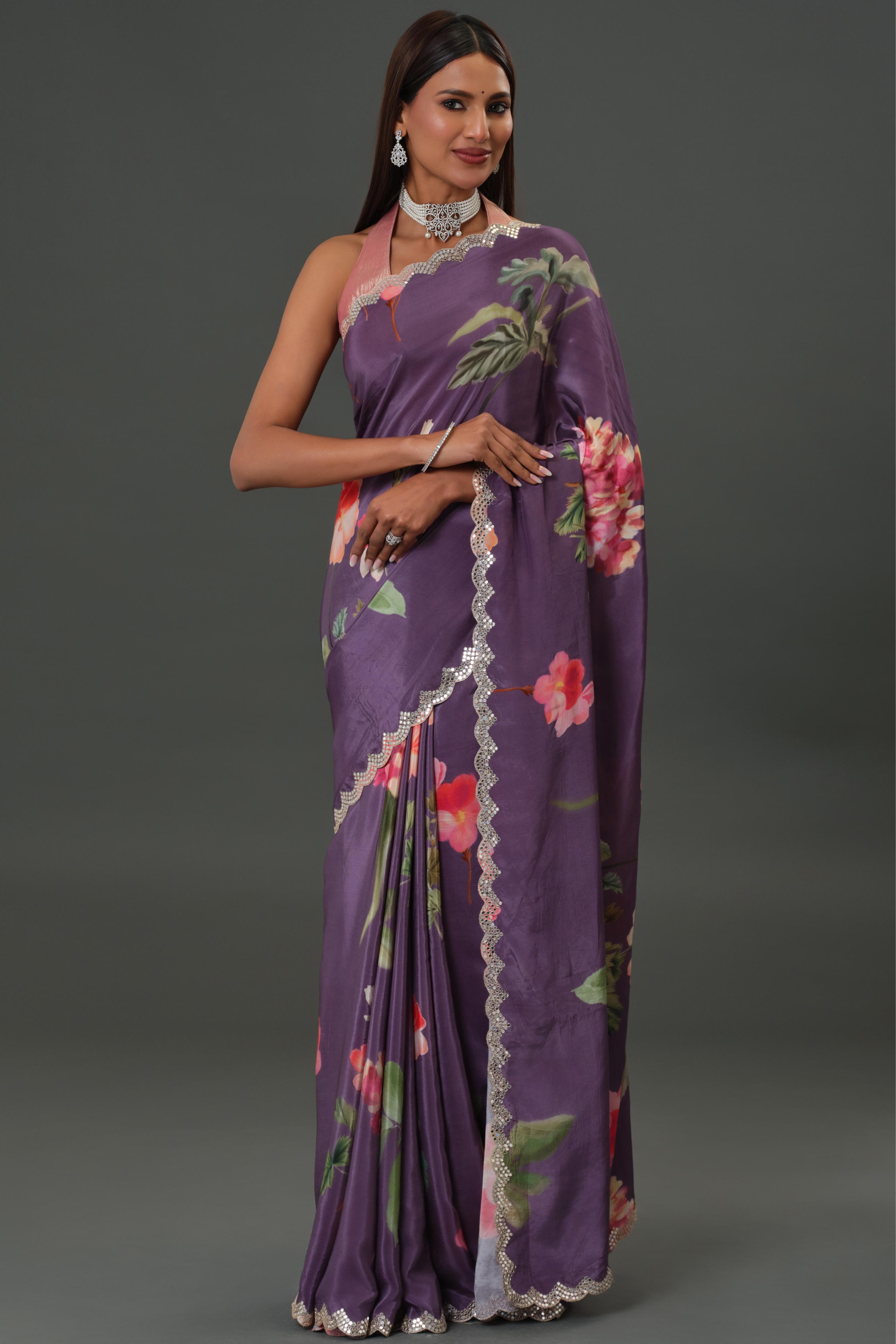 Purple Floral Printed Crepe Silk Saree