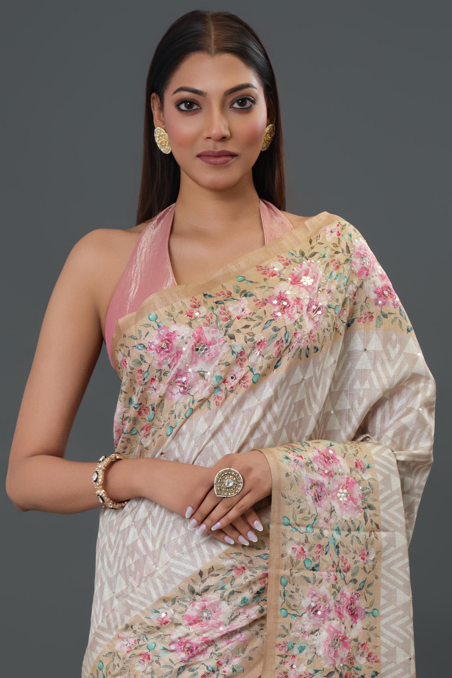 Ivory Floral Printed Tussar Silk Saree