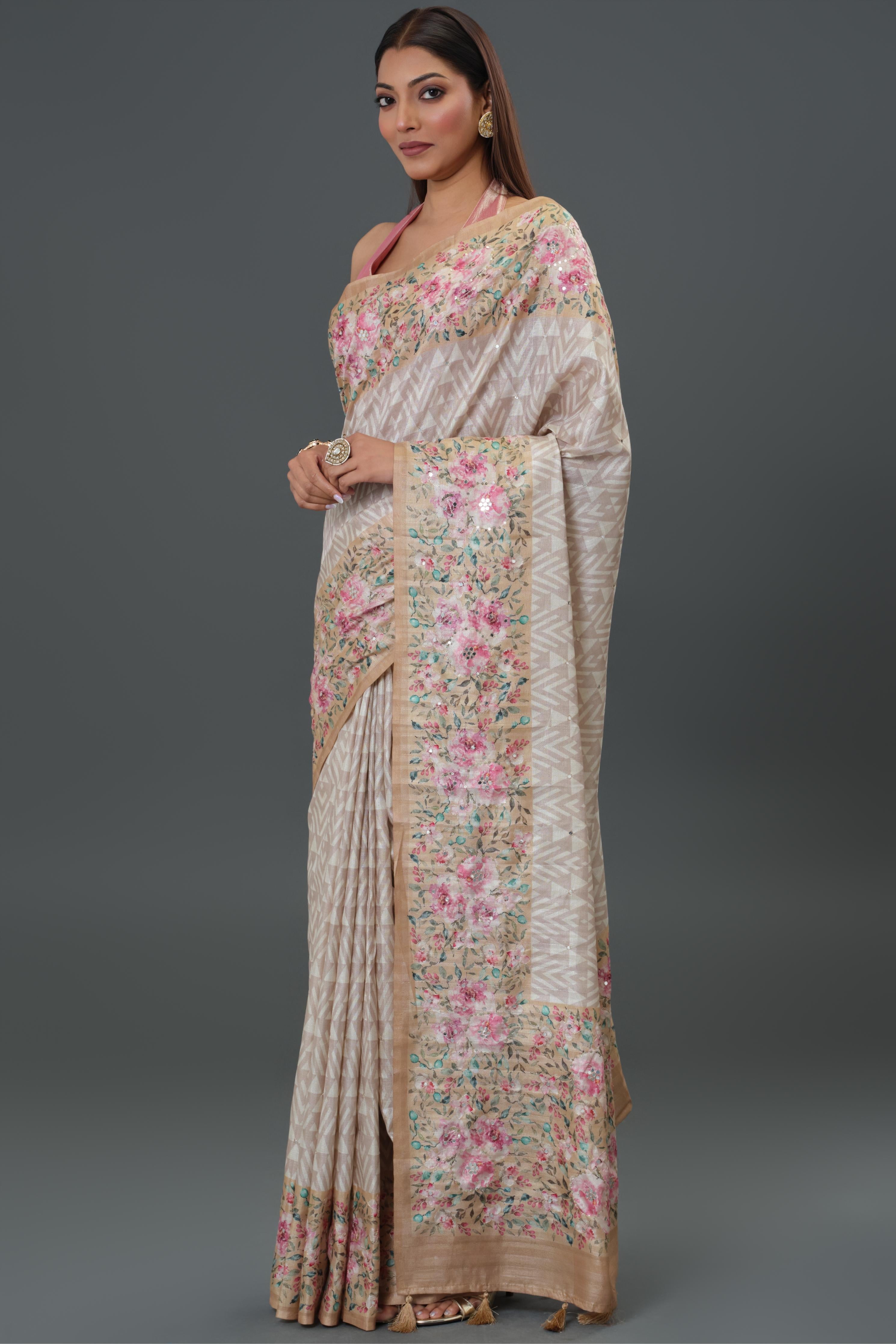 Ivory Floral Printed Tussar Silk Saree