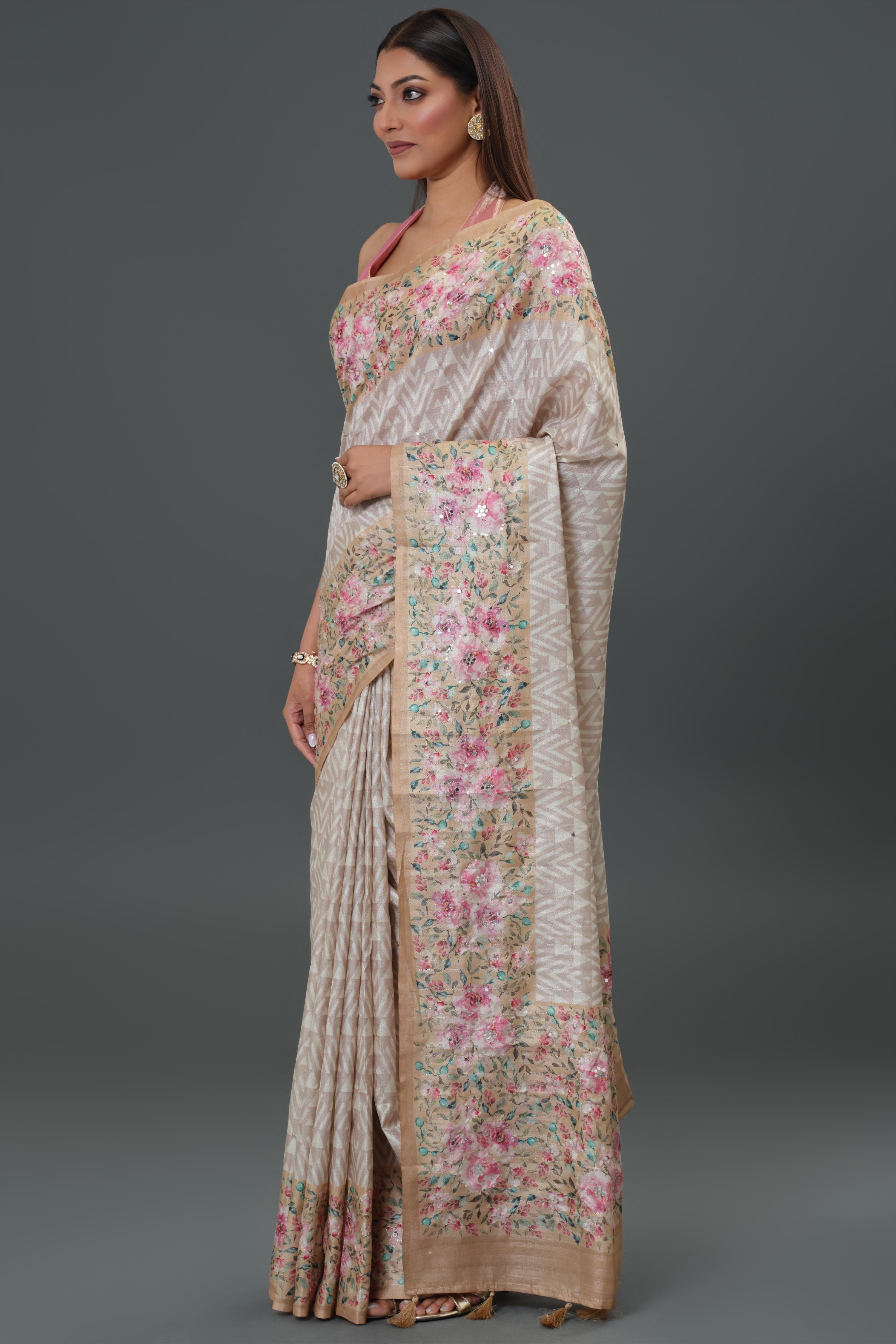Ivory Floral Printed Tussar Silk Saree