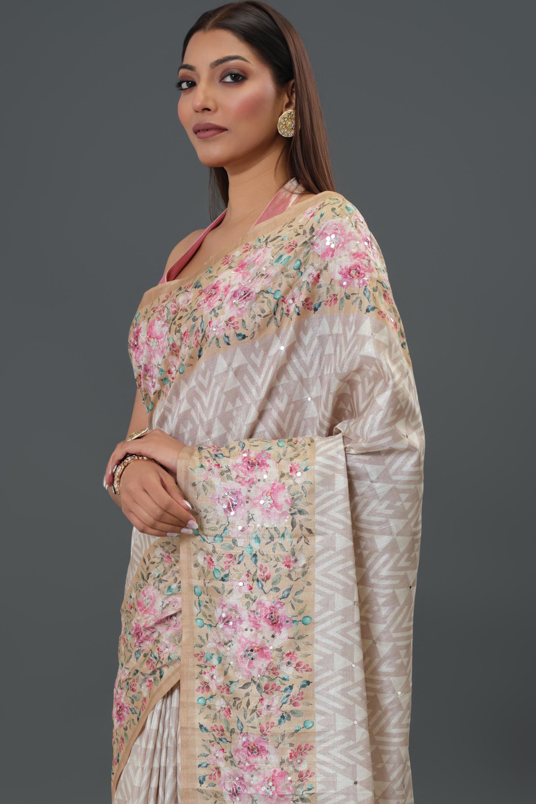 Ivory Floral Printed Tussar Silk Saree