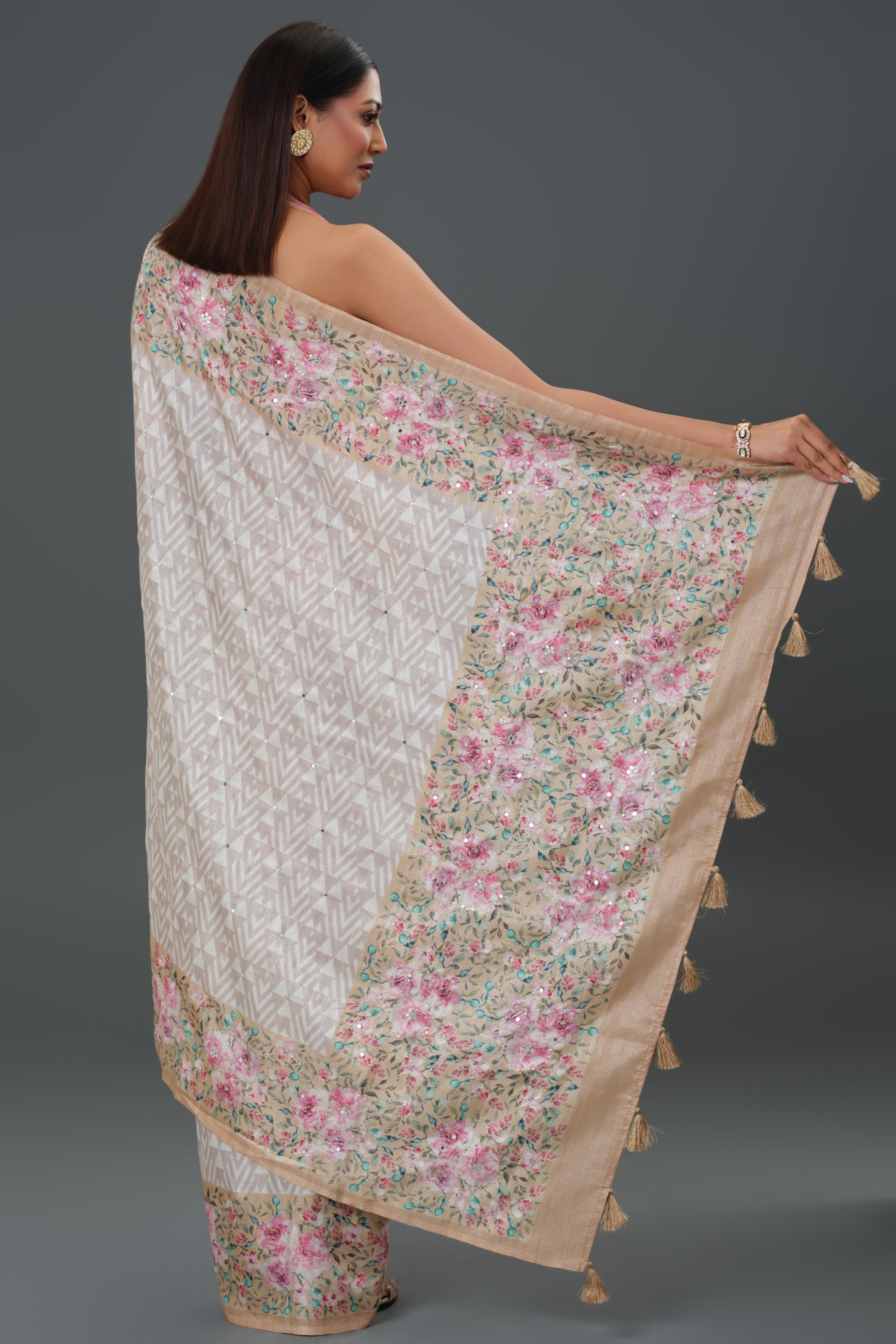 Ivory Floral Printed Tussar Silk Saree