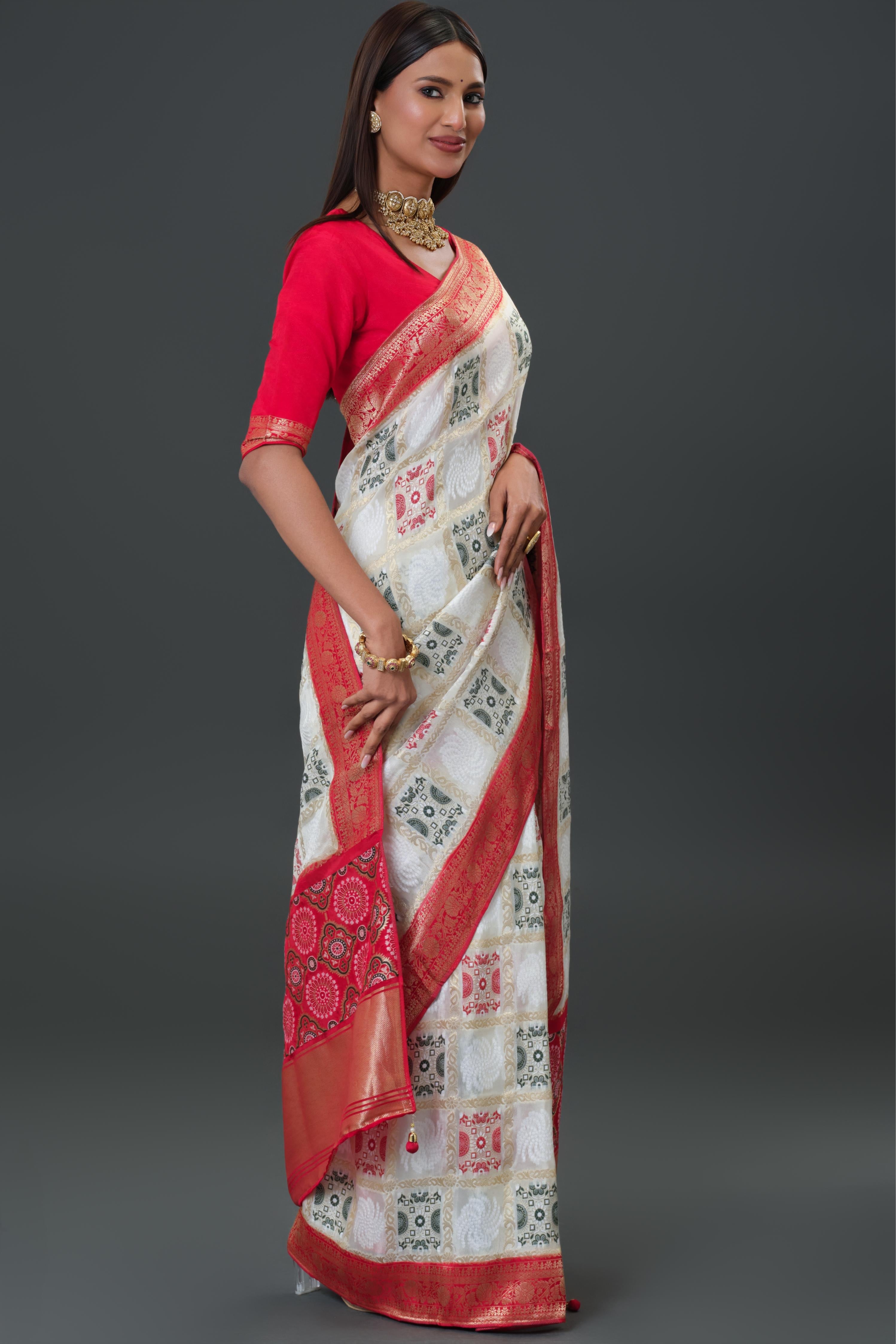 White Woven Cosmo Silk Saree