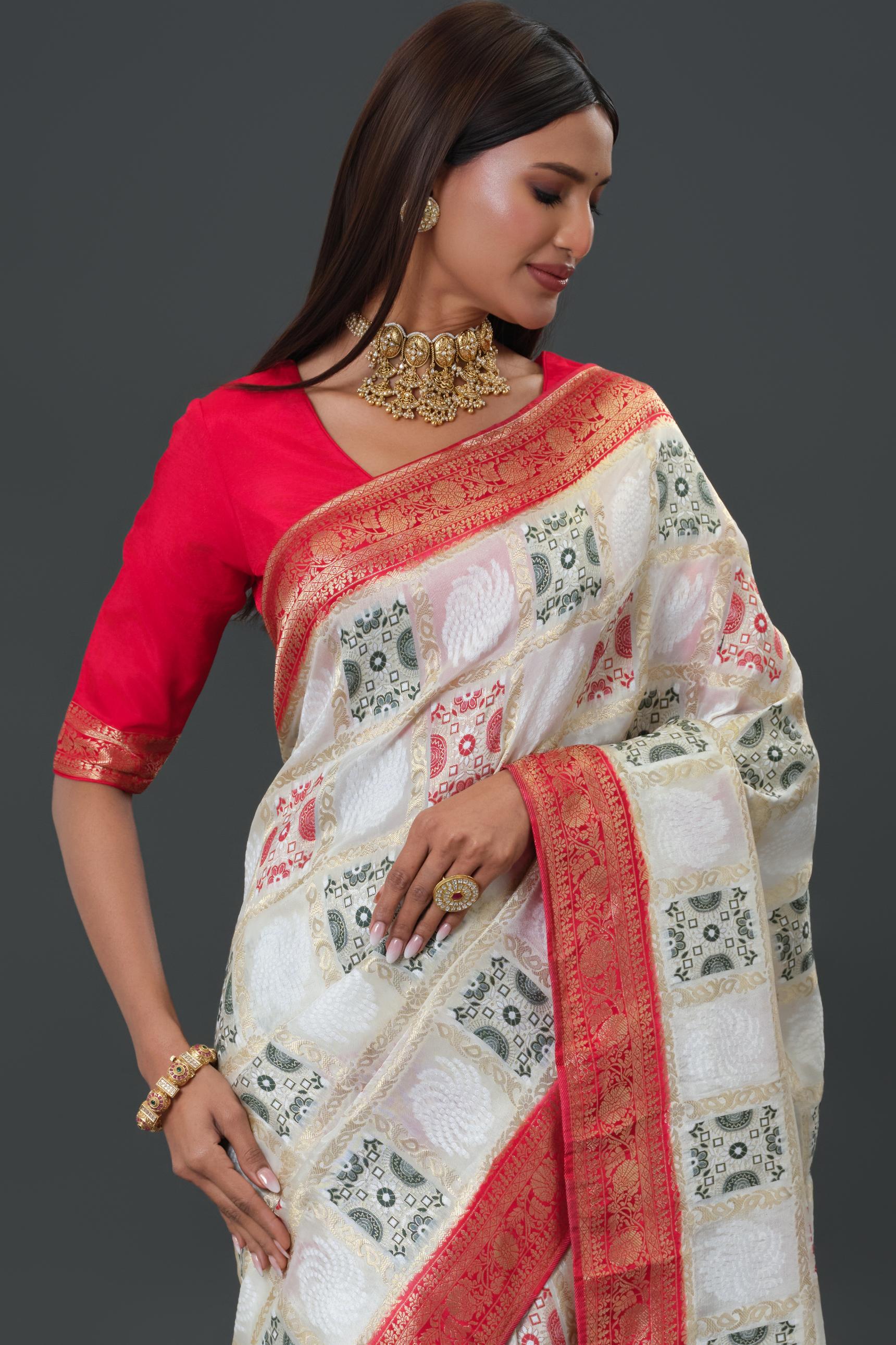 White Woven Cosmo Silk Saree