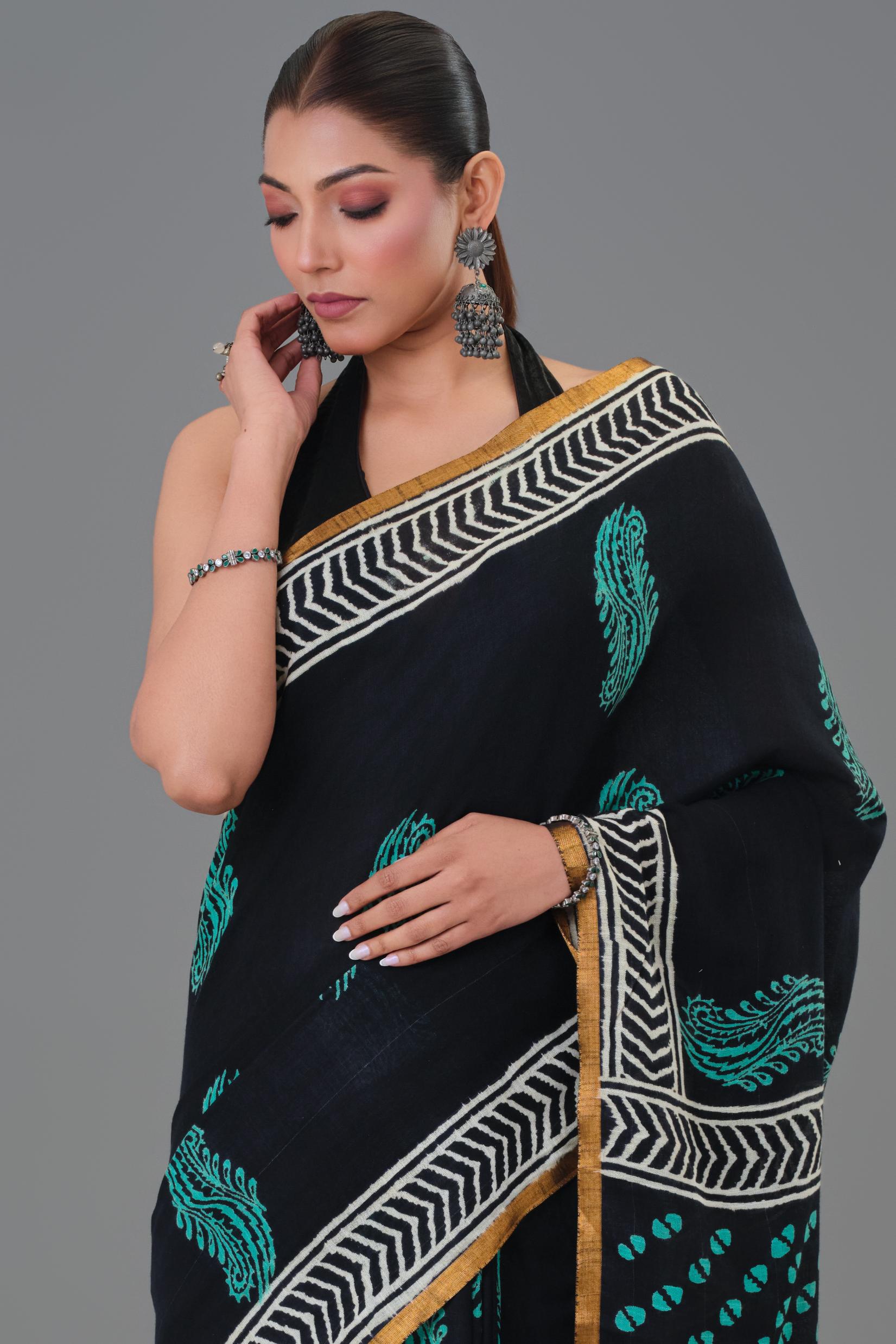 Traditional Black Dabu Hand Block Printed Linen Saree