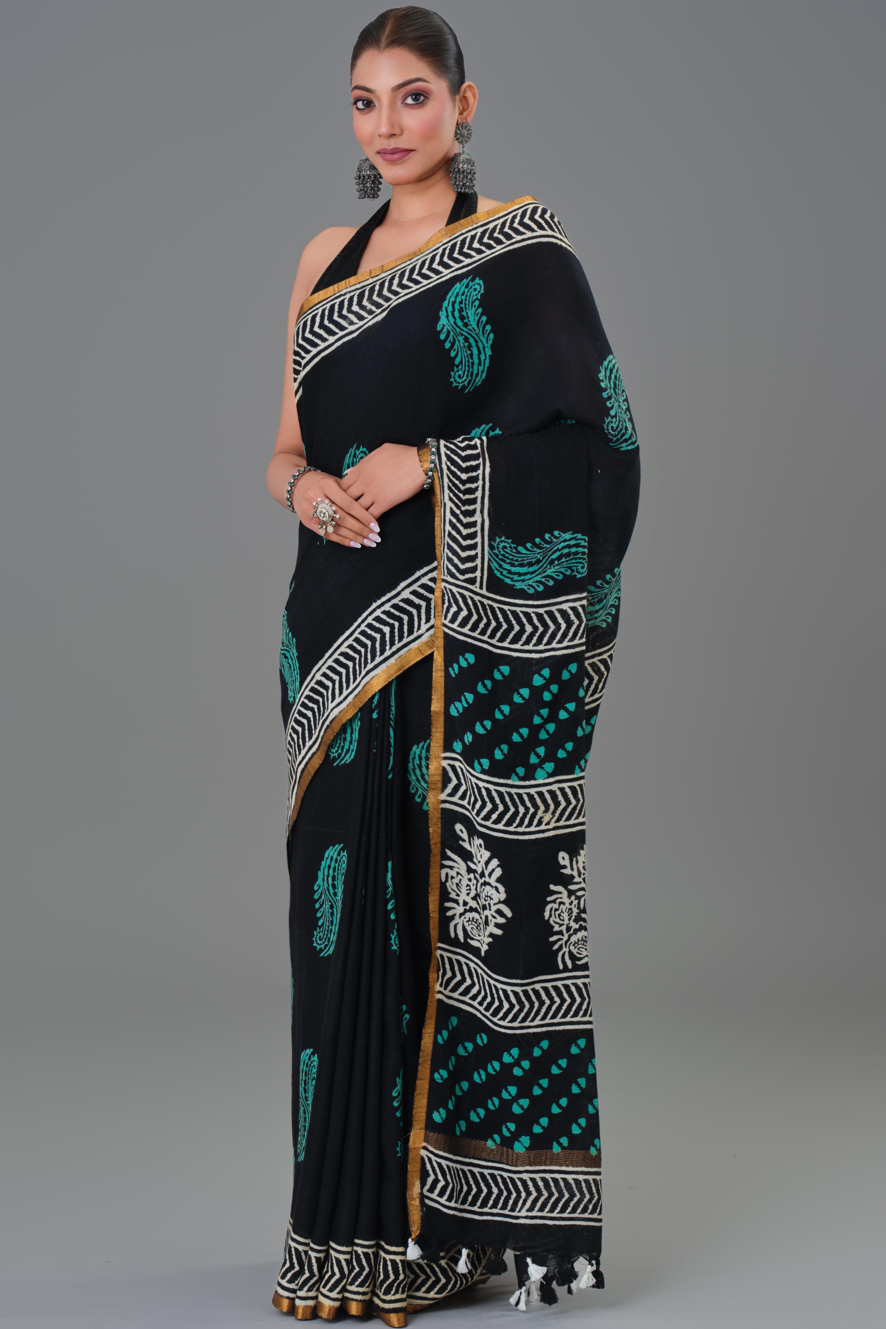 Traditional Black Dabu Hand Block Printed Linen Saree