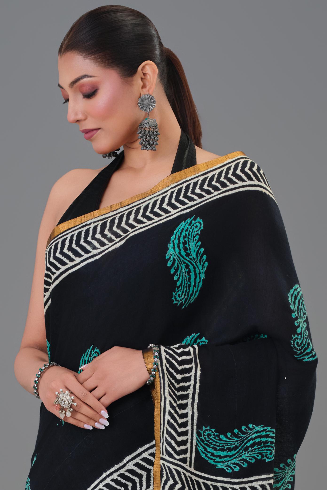 Traditional Black Dabu Hand Block Printed Linen Saree