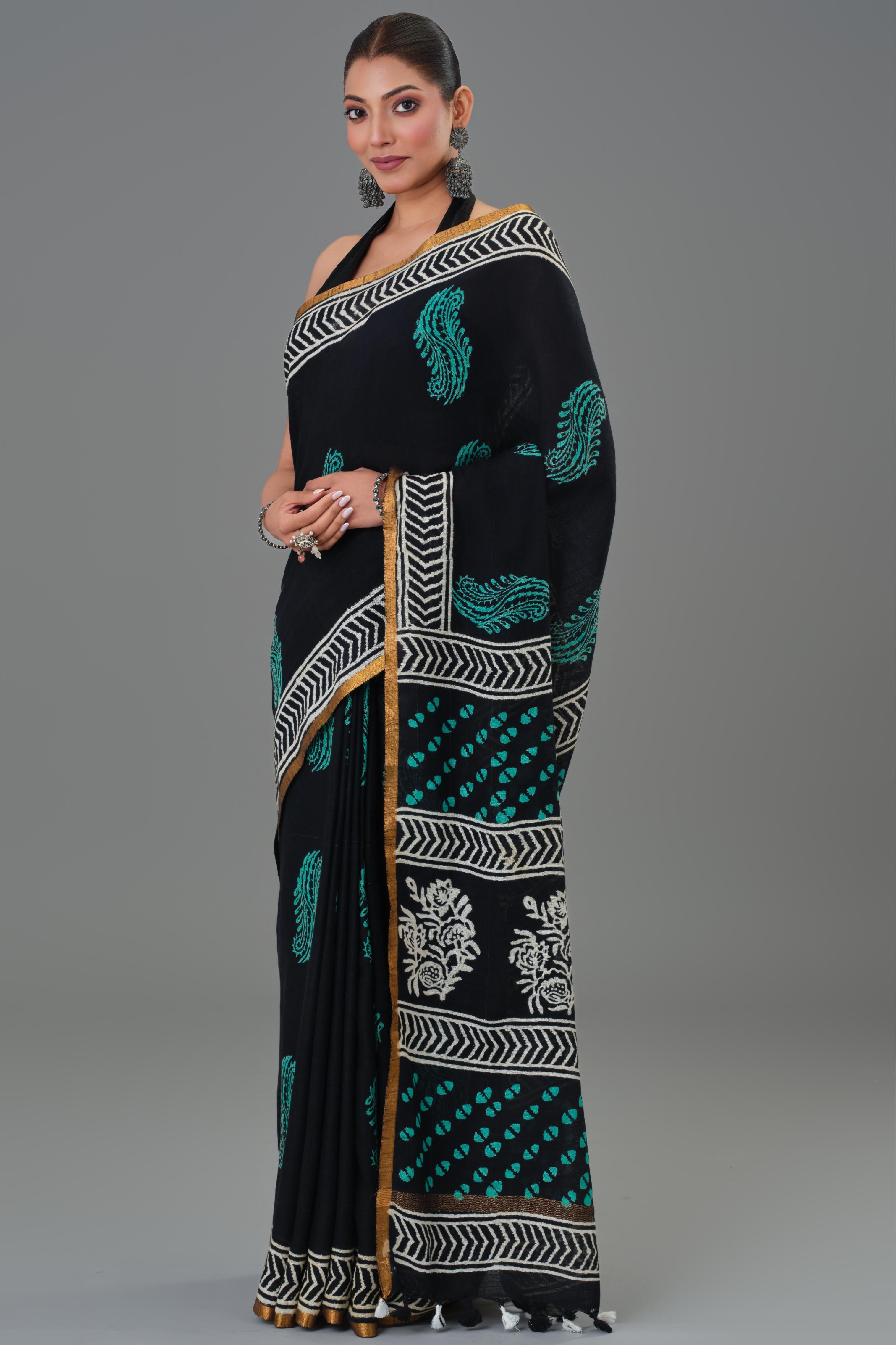 Traditional Black Dabu Hand Block Printed Linen Saree
