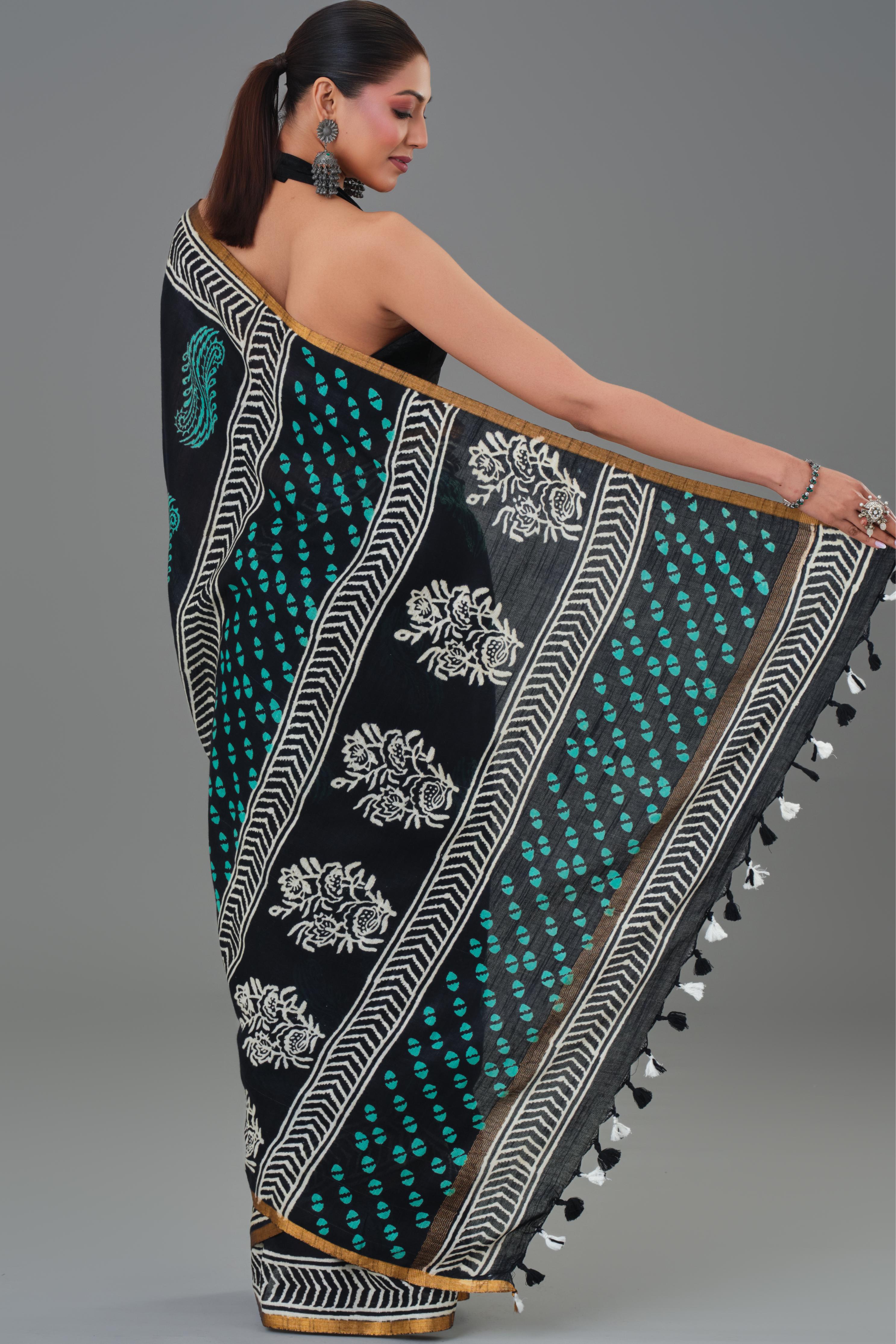 Traditional Black Dabu Hand Block Printed Linen Saree