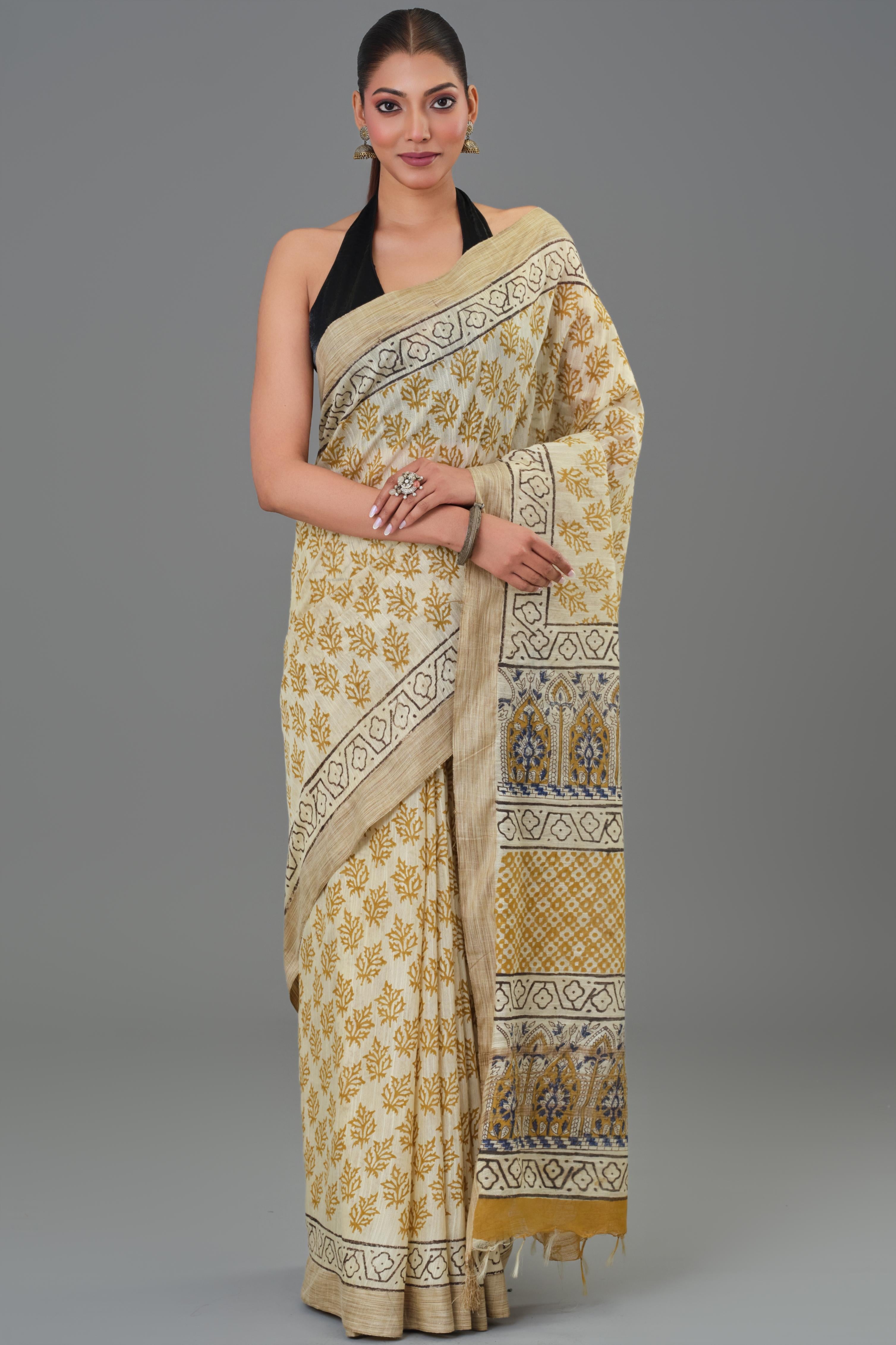 Mustard Hand Block Printed Linen Saree