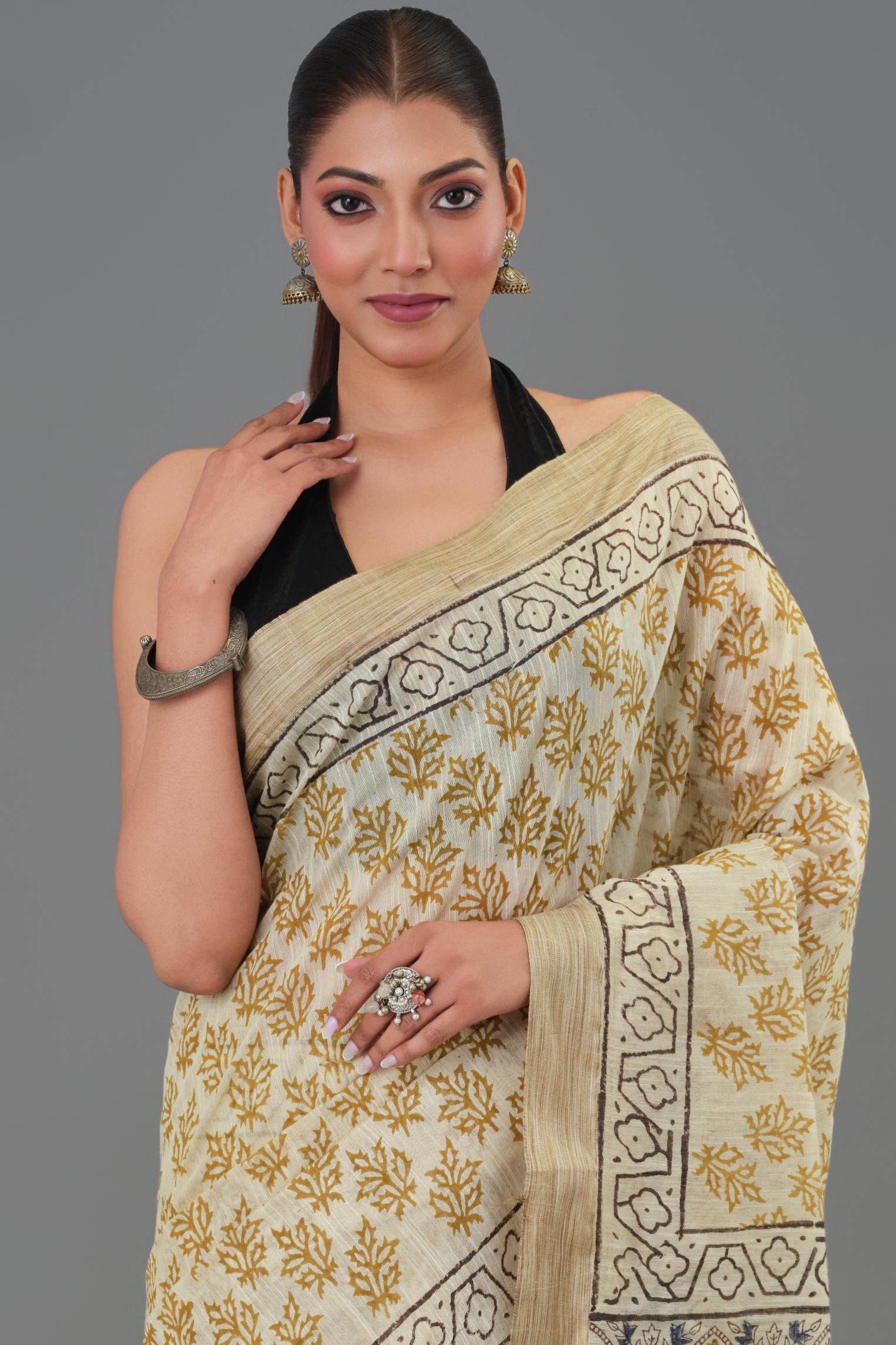 Mustard Hand Block Printed Linen Saree