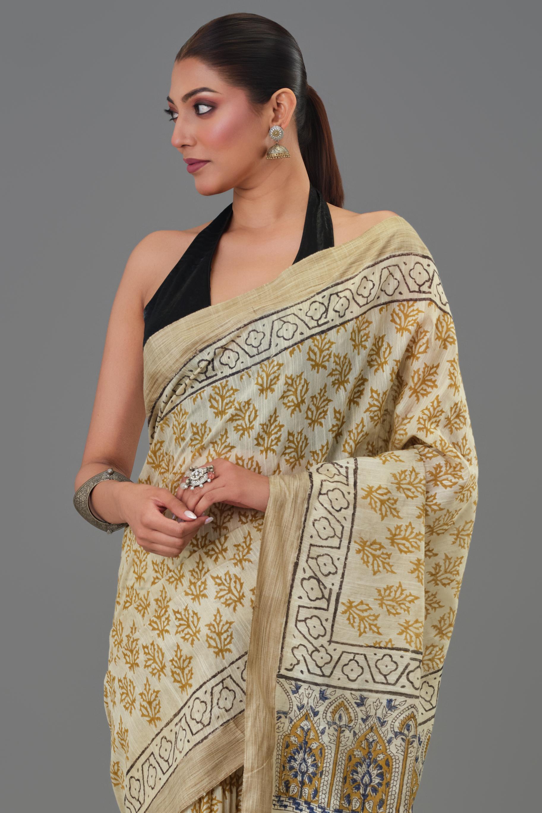 Mustard Hand Block Printed Linen Saree
