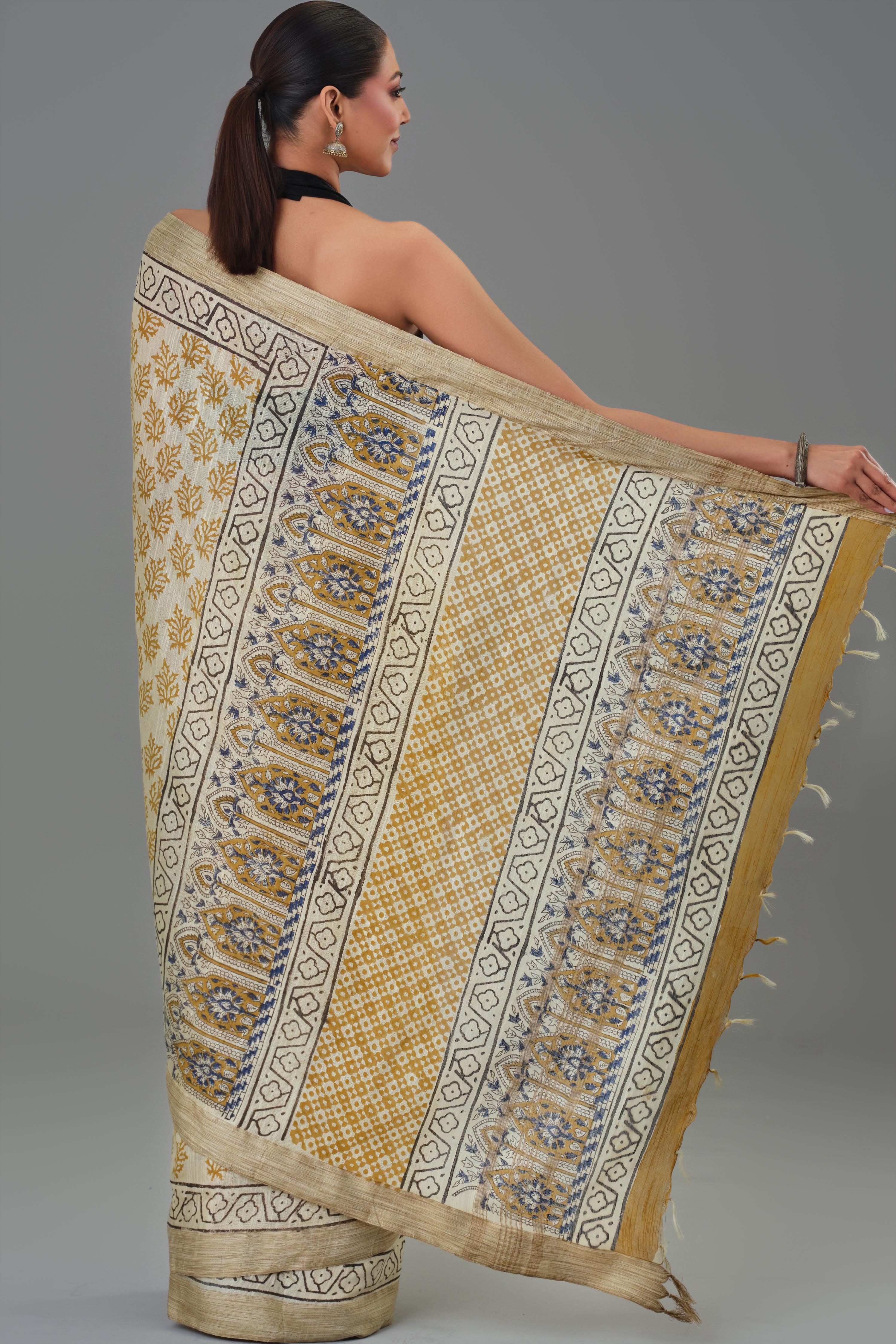 Mustard Hand Block Printed Linen Saree