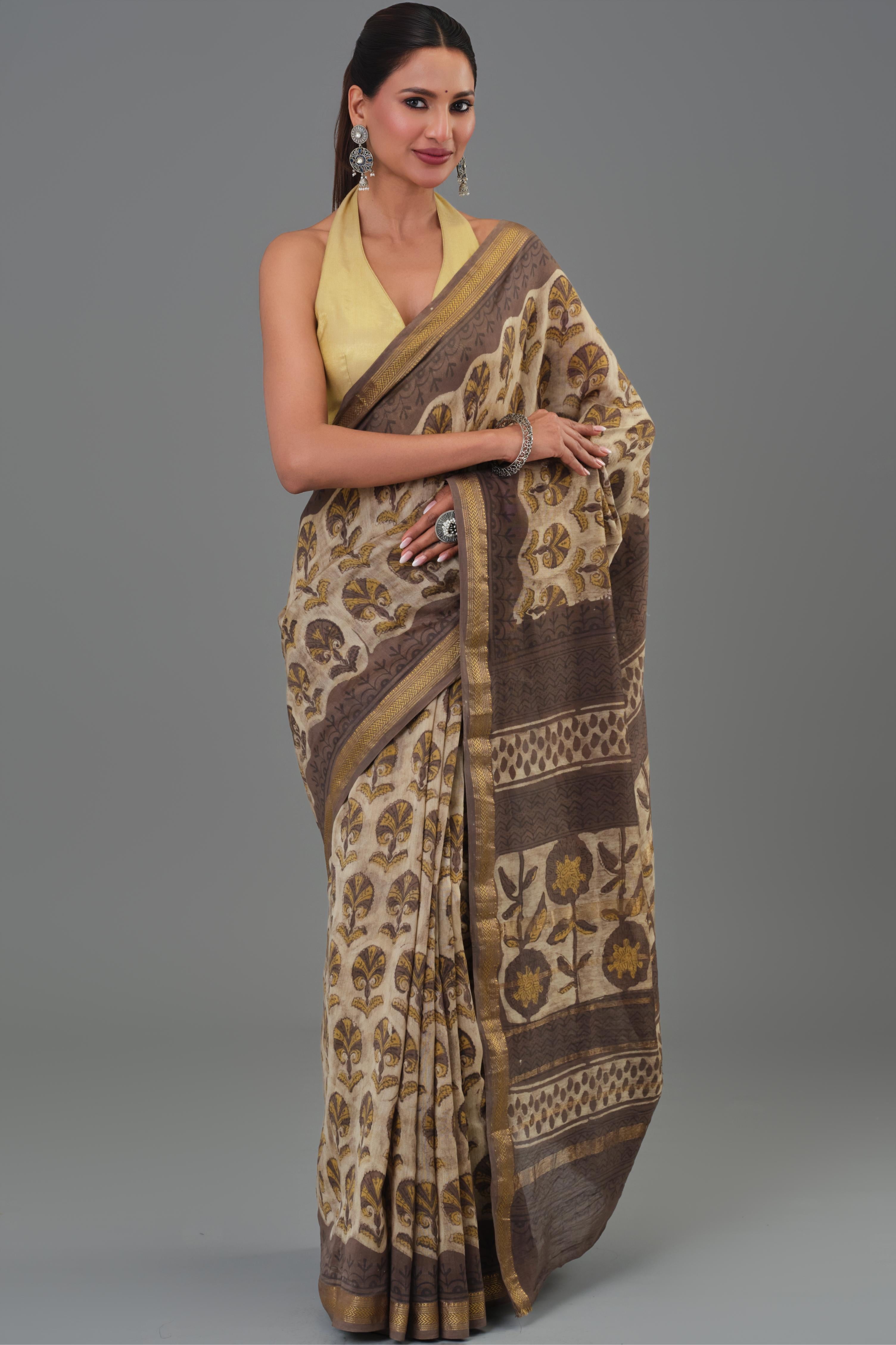 Brown Pure Maheshwari Silk Saree