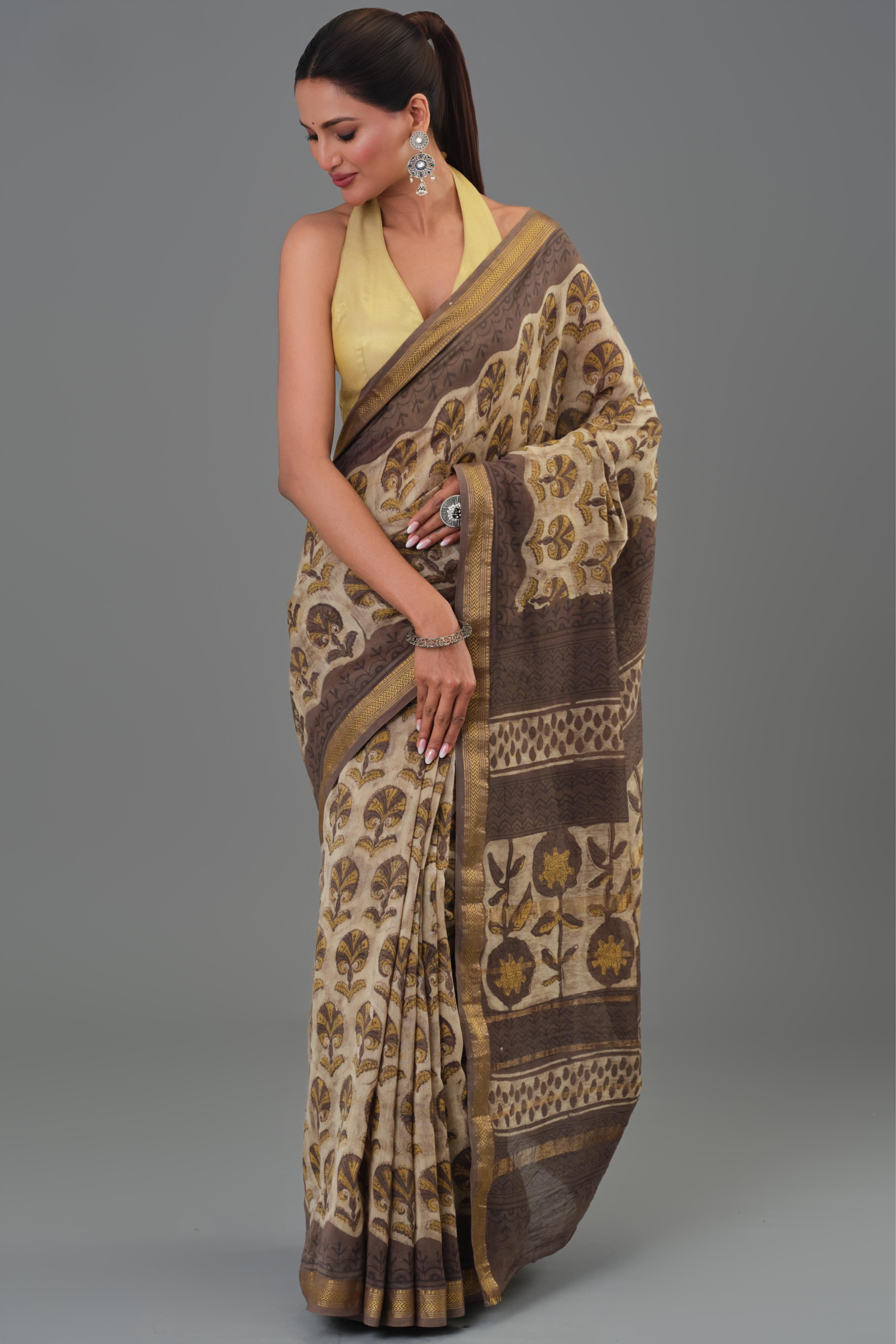 Brown Pure Maheshwari Silk Saree