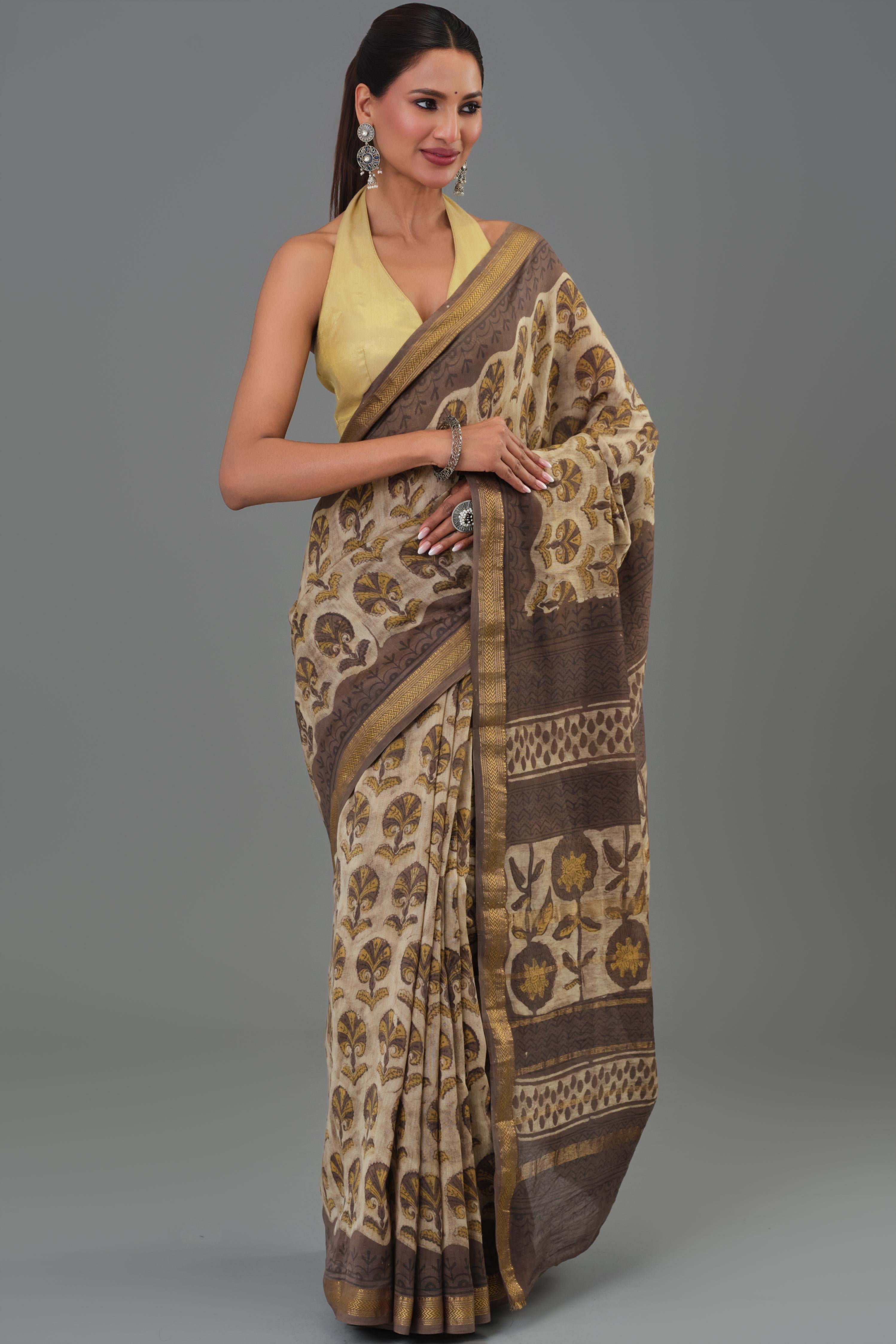 Brown Pure Maheshwari Silk Saree
