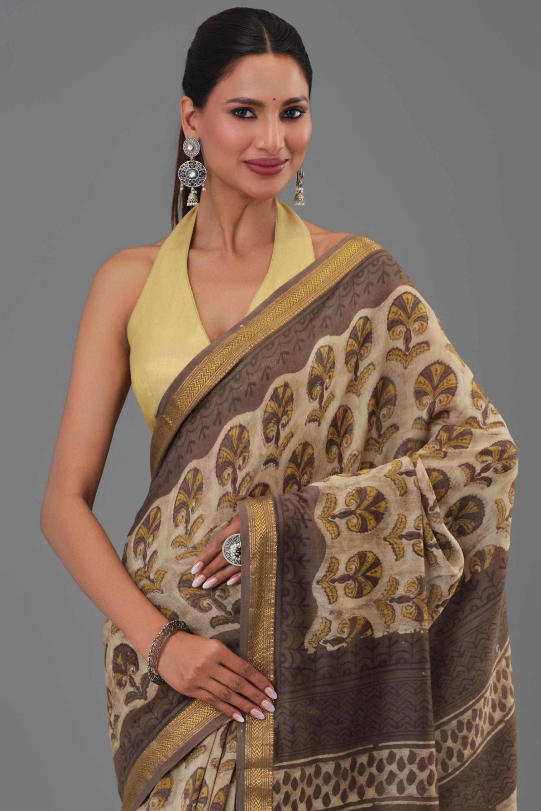 Brown Pure Maheshwari Silk Saree