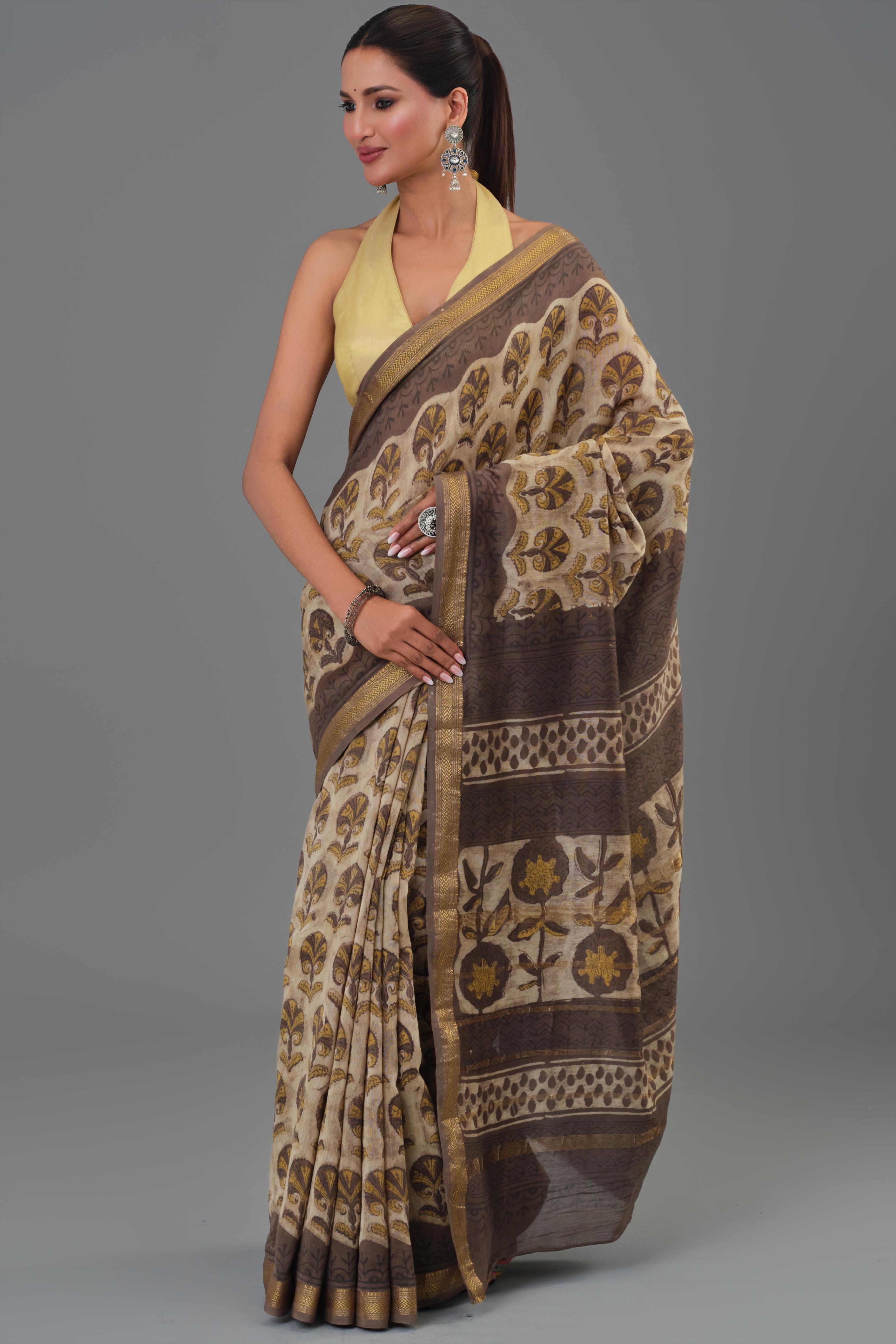 Brown Pure Maheshwari Silk Saree