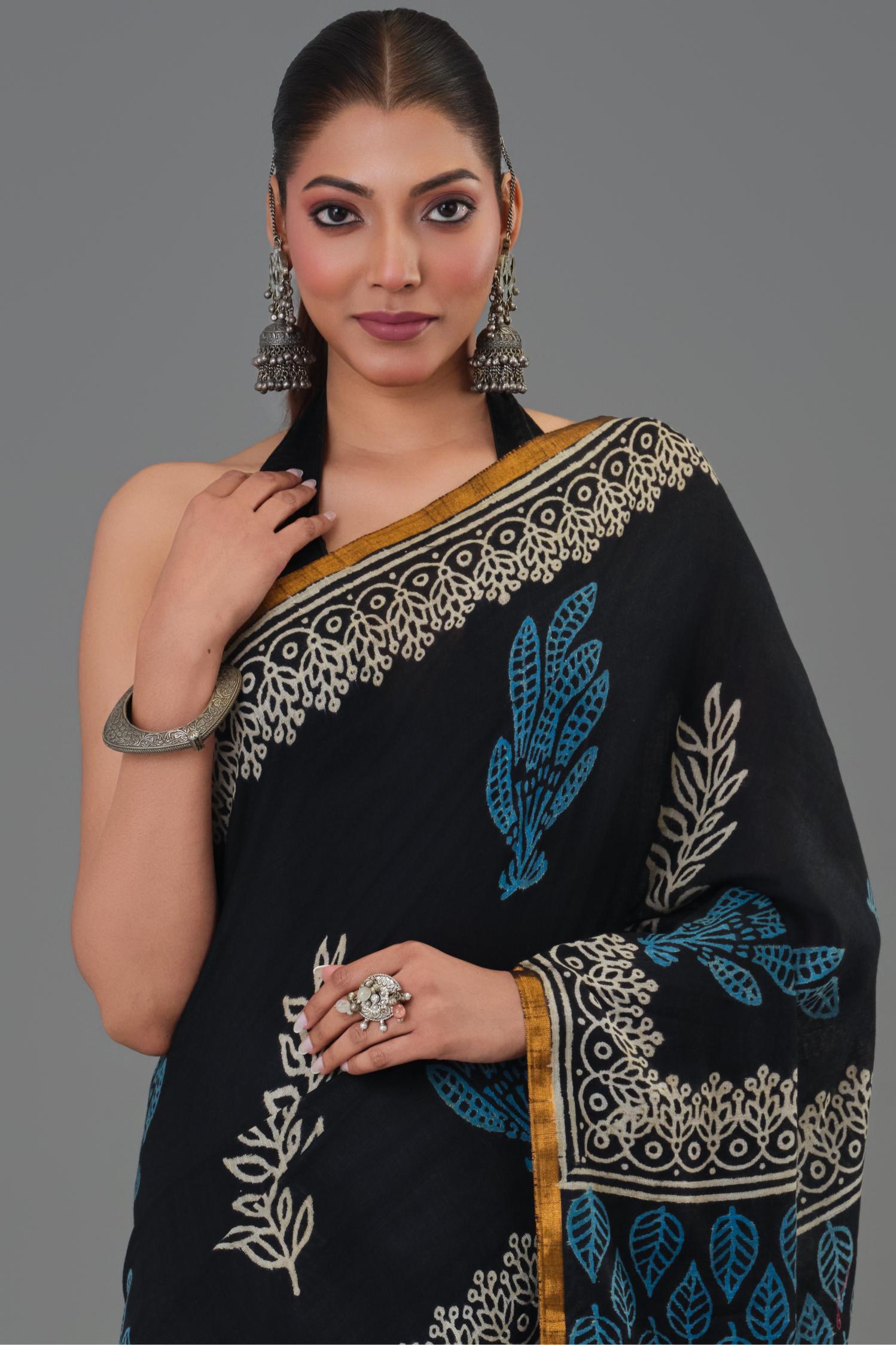Cozy Black Dabu Hand Block Printed Linen Saree