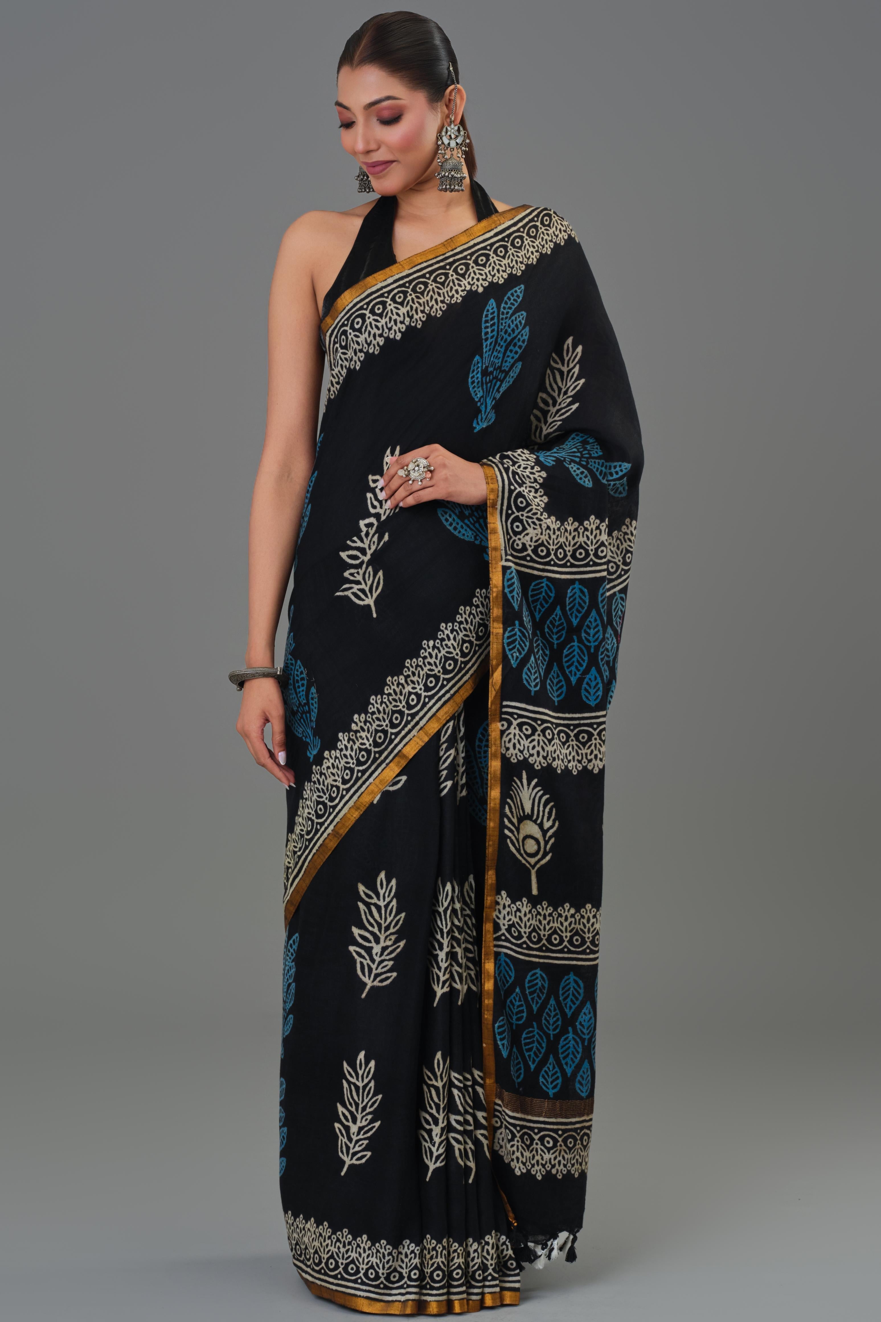 Cozy Black Dabu Hand Block Printed Linen Saree