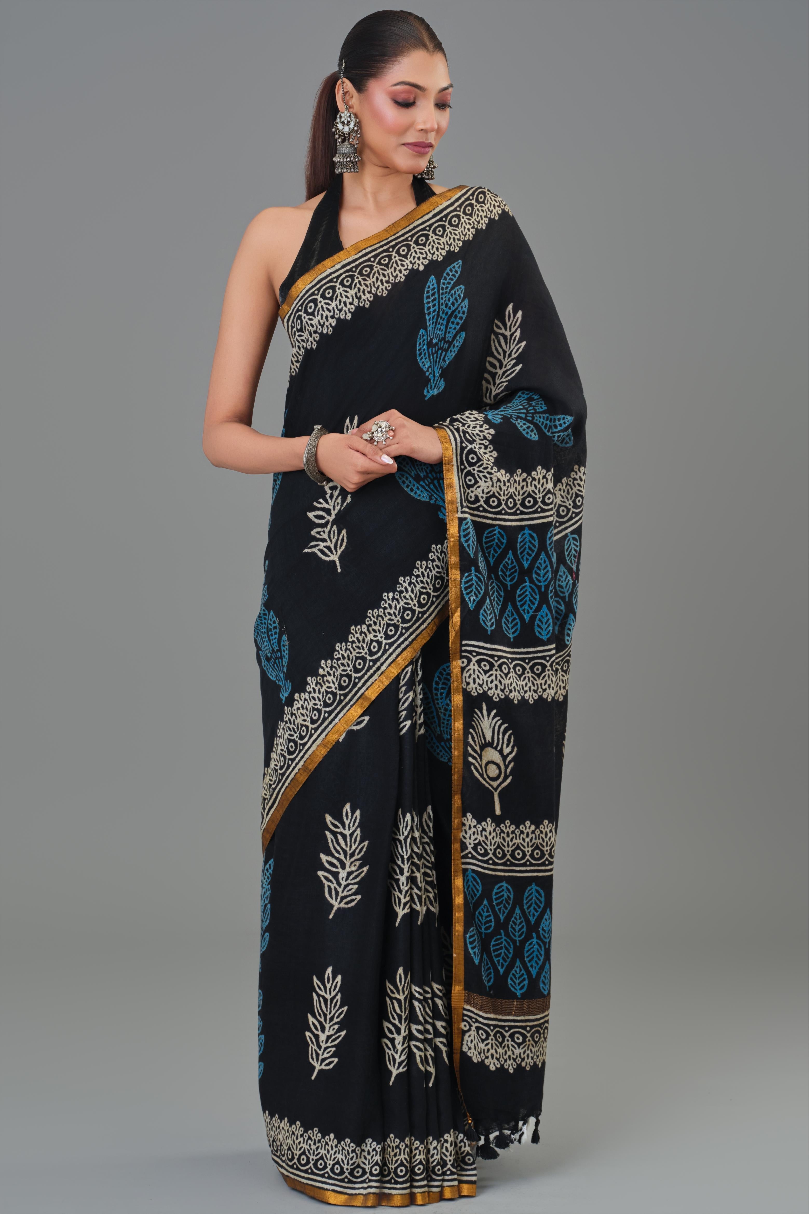 Cozy Black Dabu Hand Block Printed Linen Saree