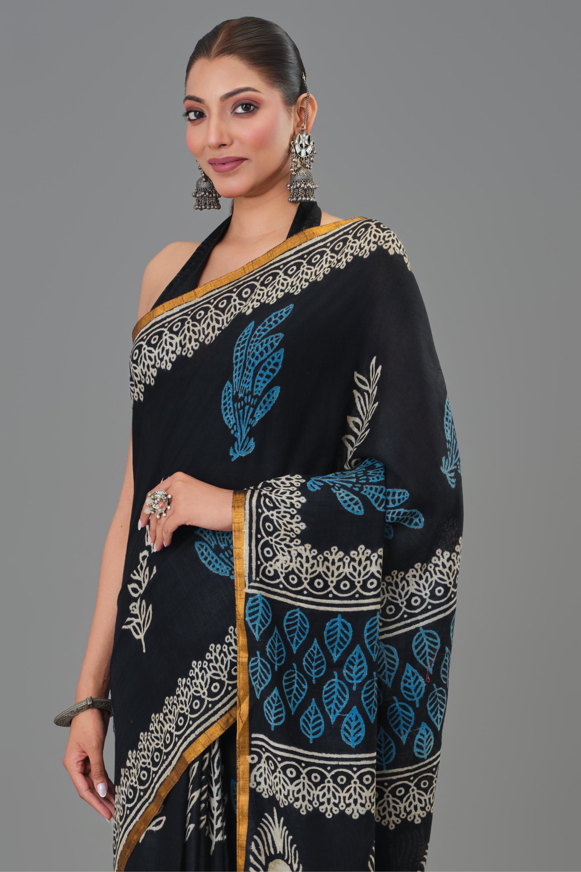 Cozy Black Dabu Hand Block Printed Linen Saree