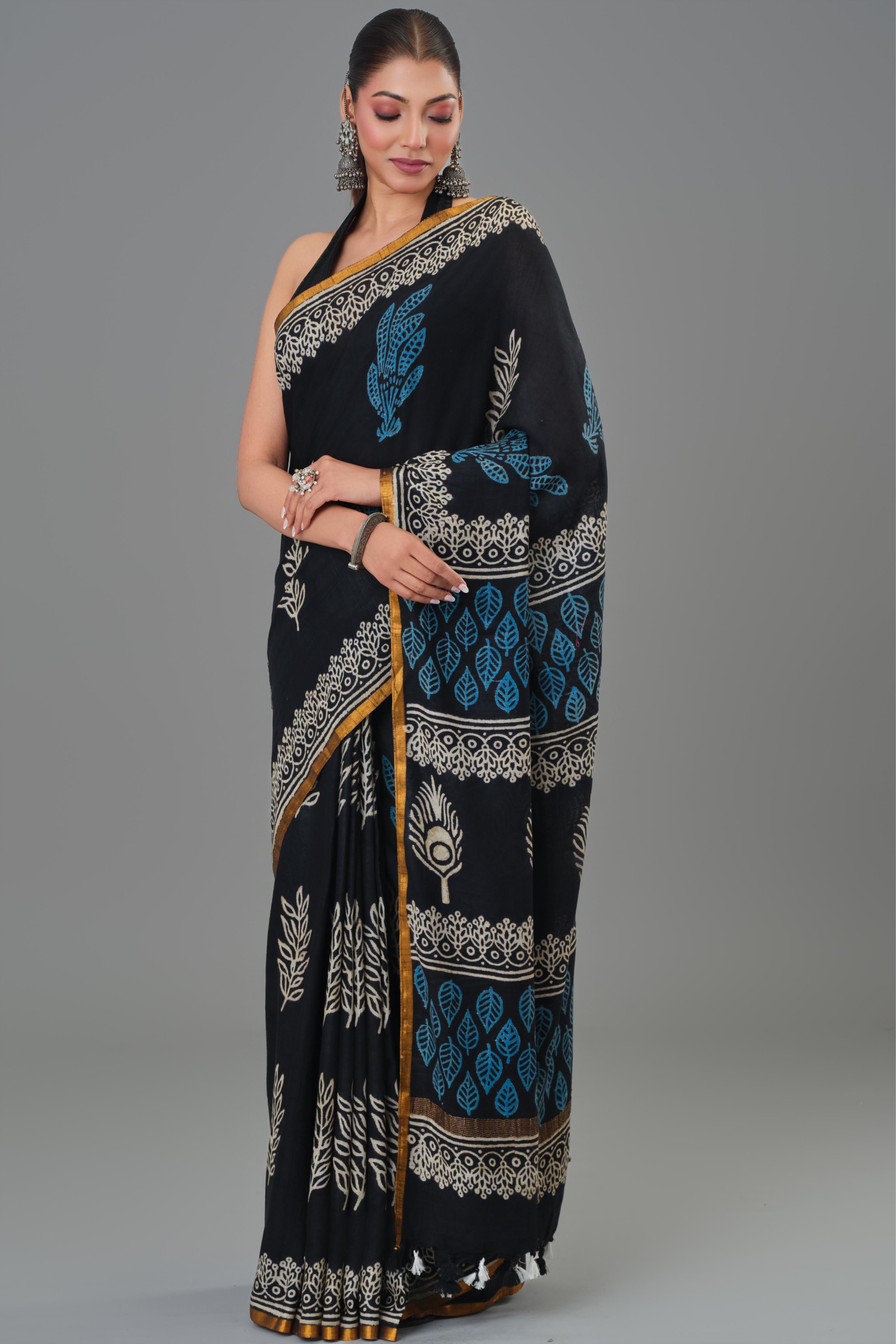 Cozy Black Dabu Hand Block Printed Linen Saree