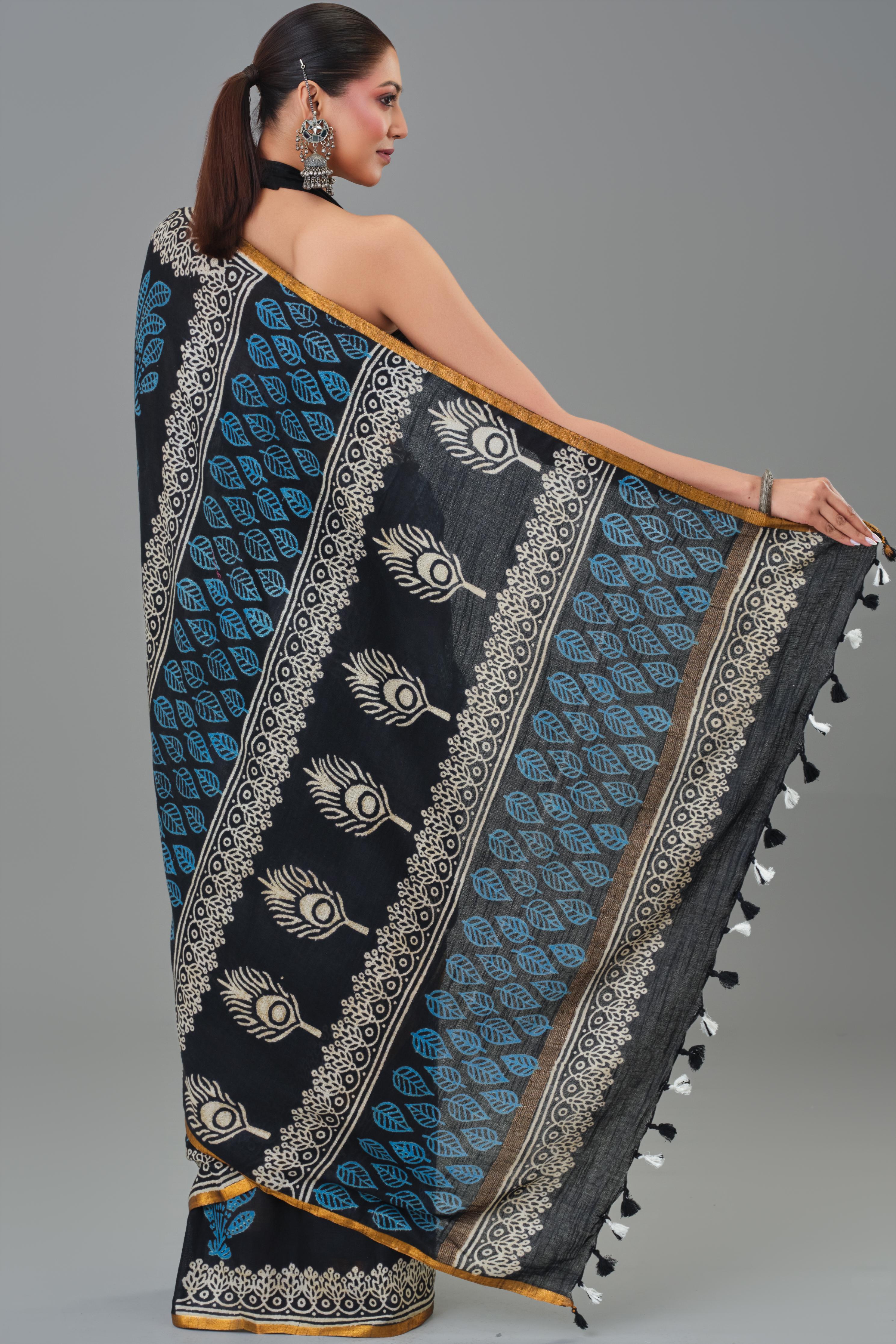 Cozy Black Dabu Hand Block Printed Linen Saree