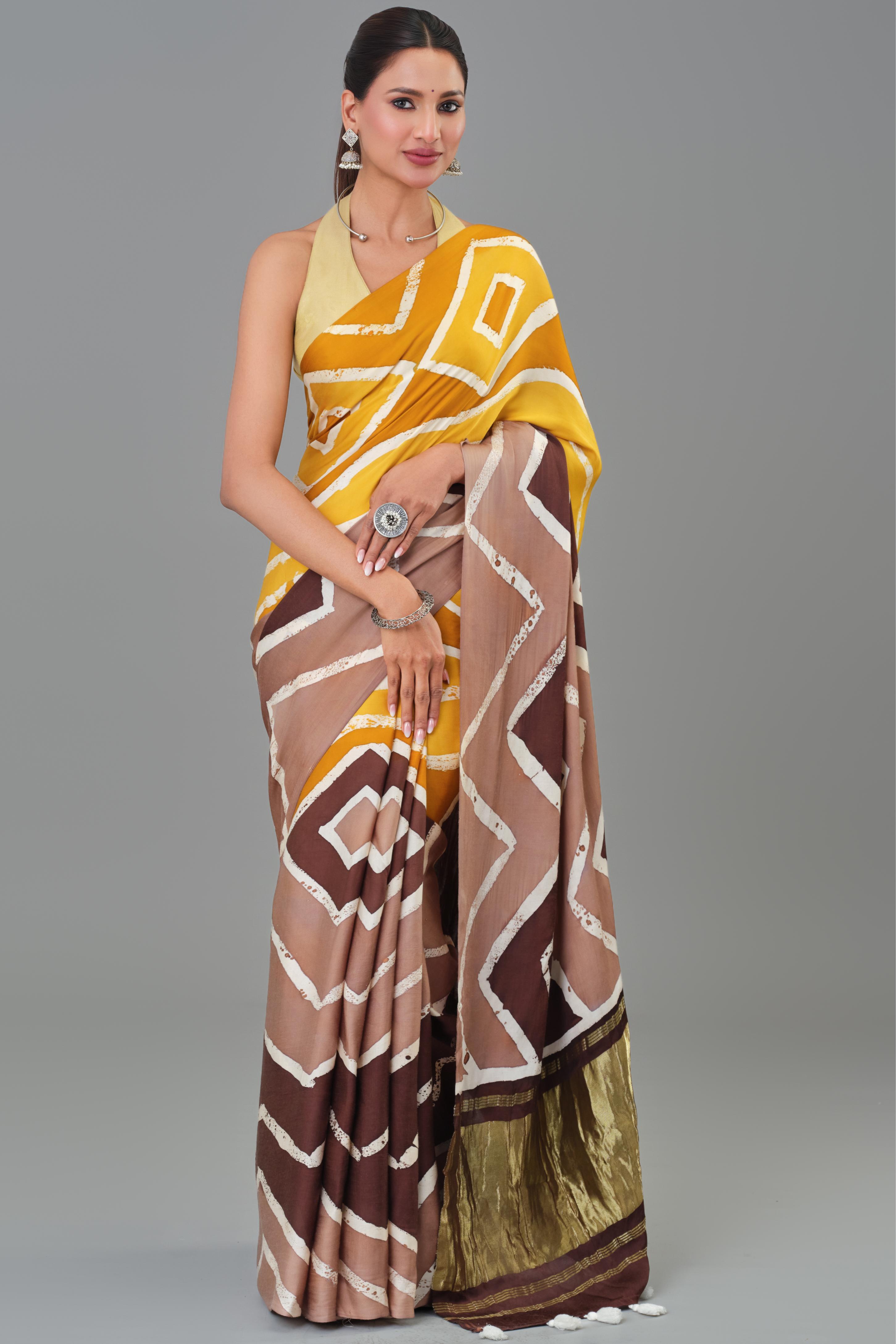 Yellow Hand Block Printed Satin Silk Saree