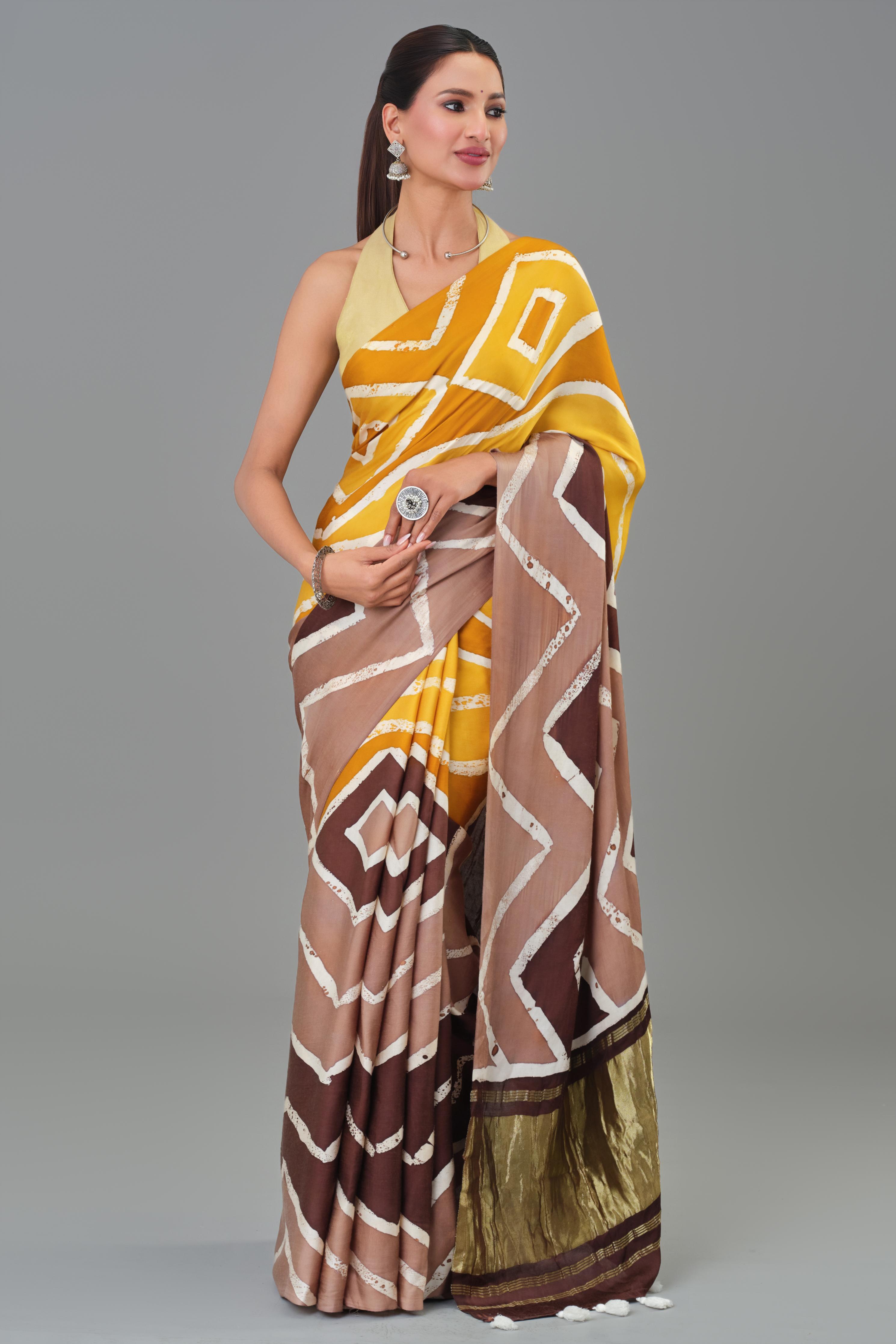Yellow Hand Block Printed Satin Silk Saree
