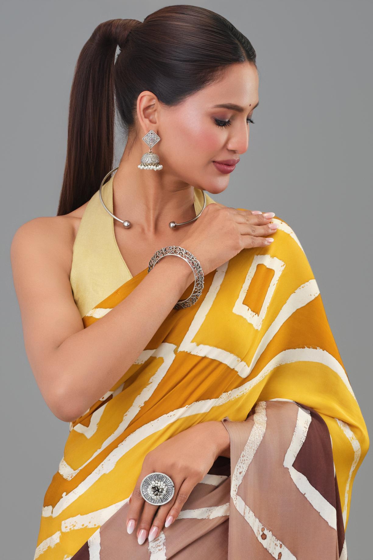 Yellow Hand Block Printed Satin Silk Saree