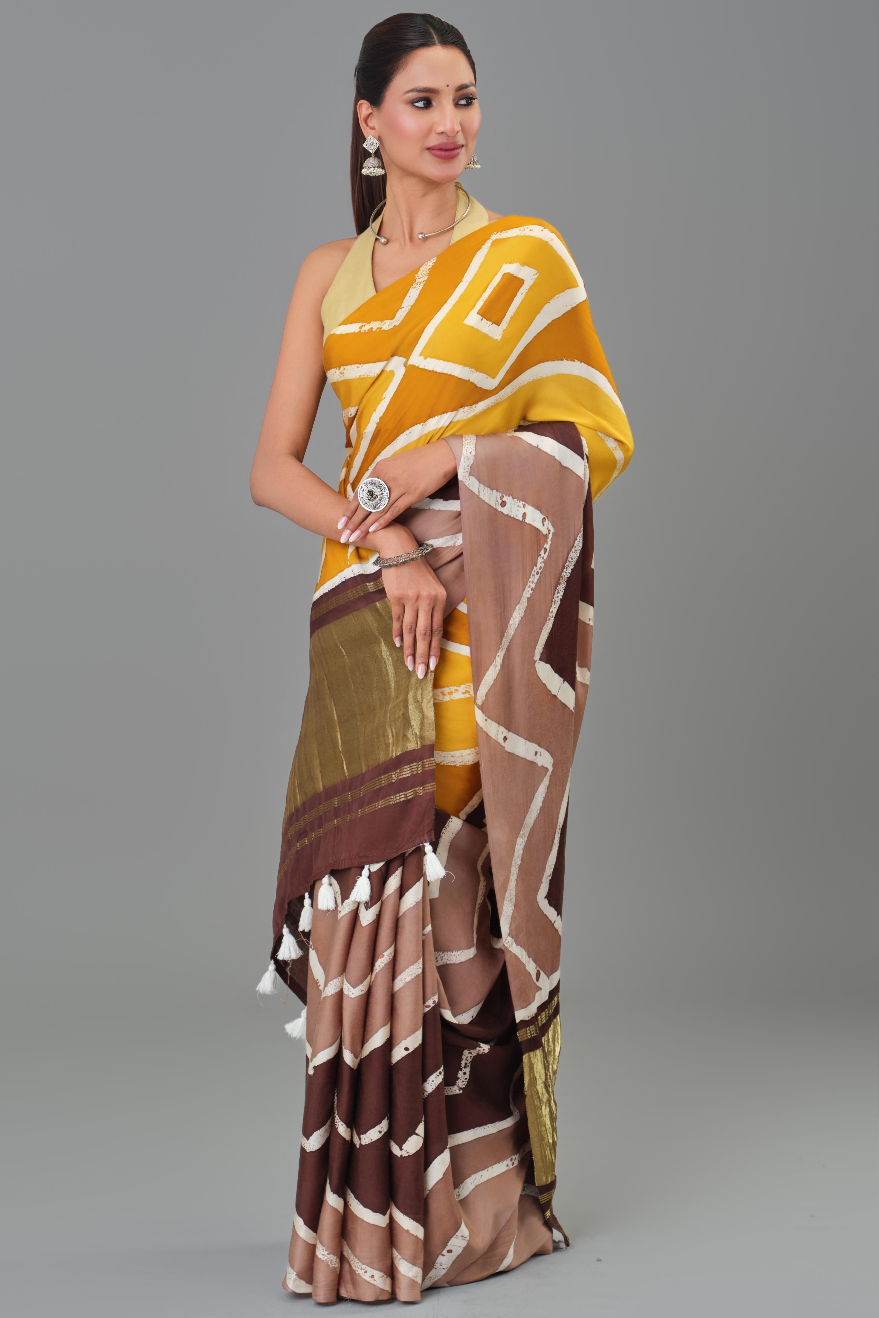 Yellow Hand Block Printed Satin Silk Saree