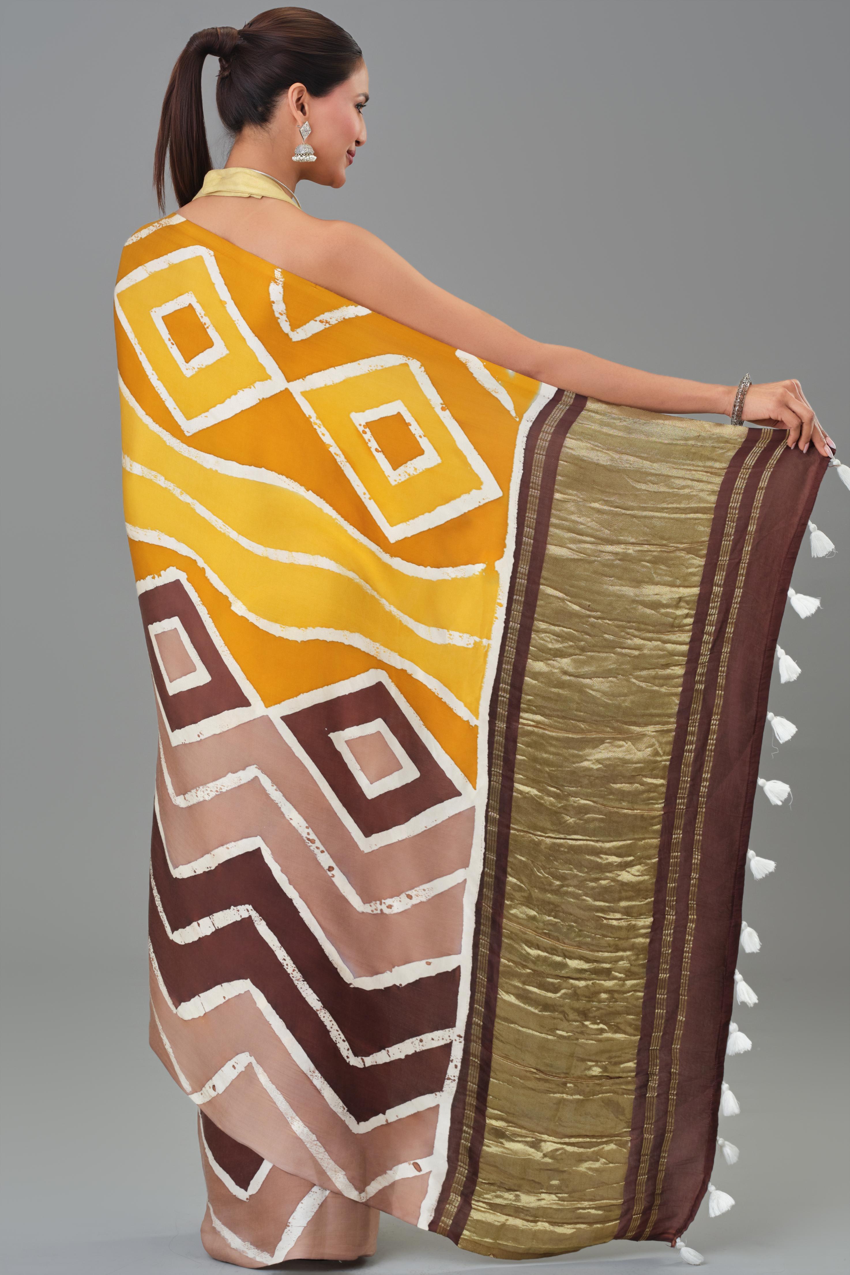 Yellow Hand Block Printed Satin Silk Saree