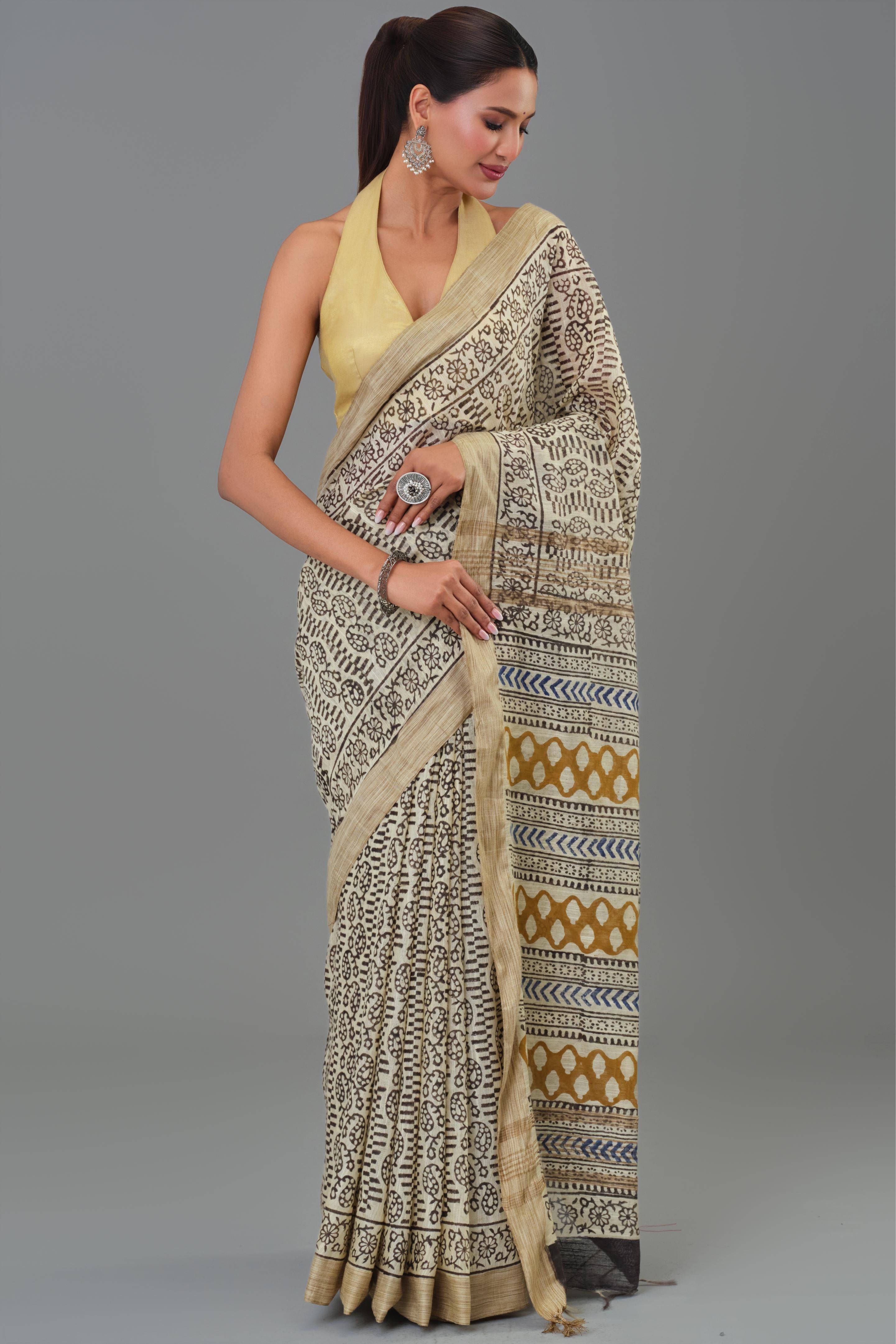 Beige Hand Block Printed Linen Saree