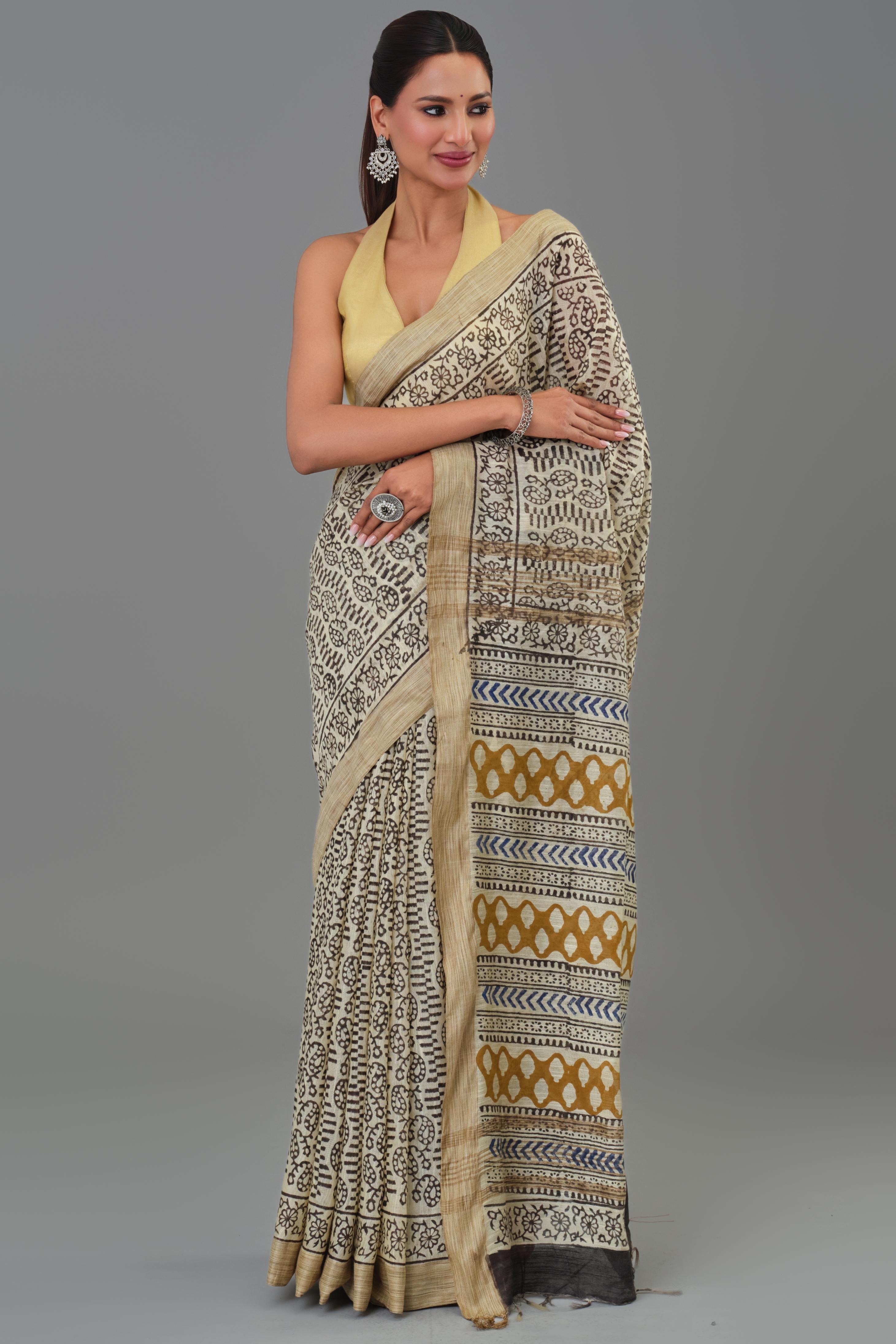 Beige Hand Block Printed Linen Saree
