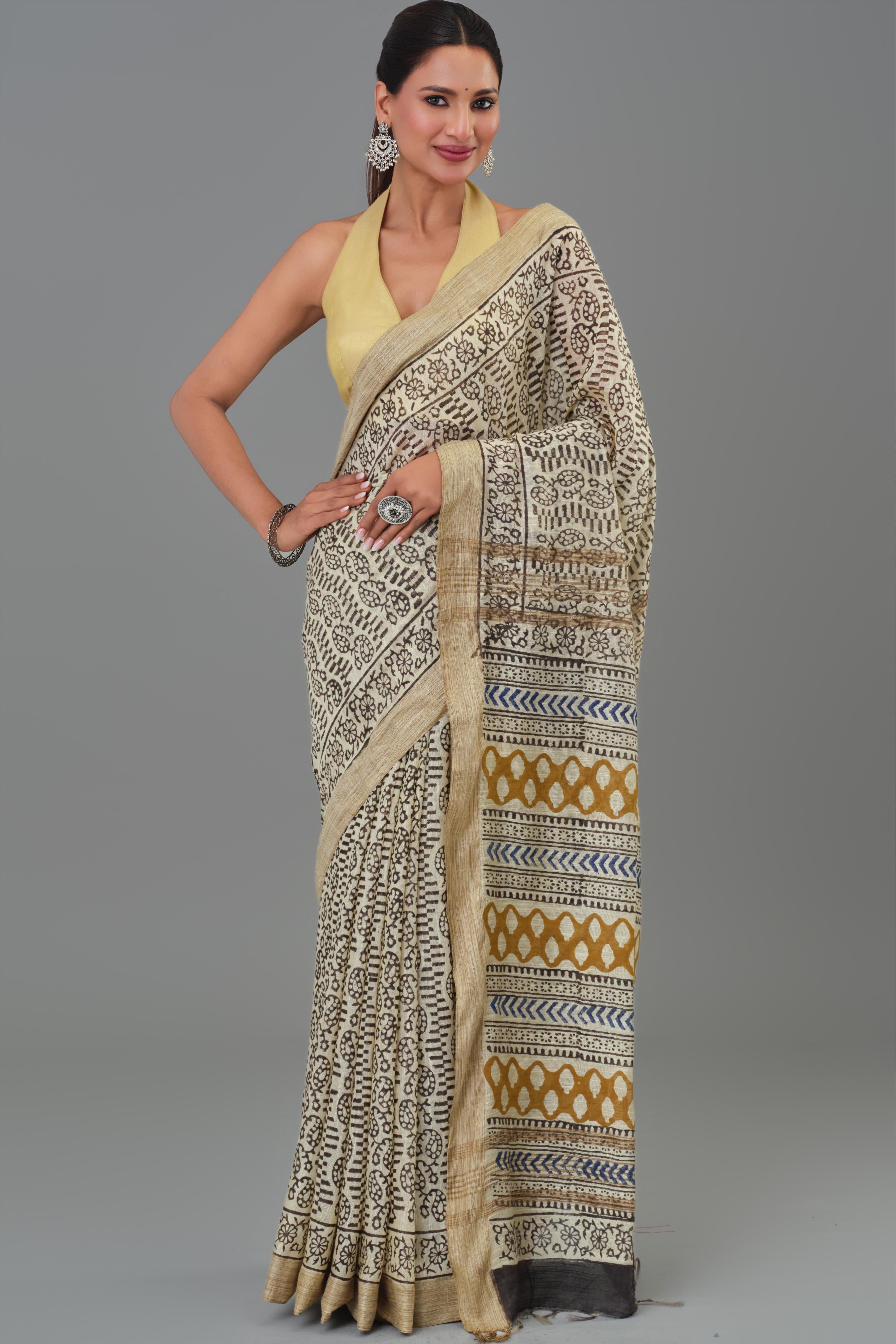 Beige Hand Block Printed Linen Saree