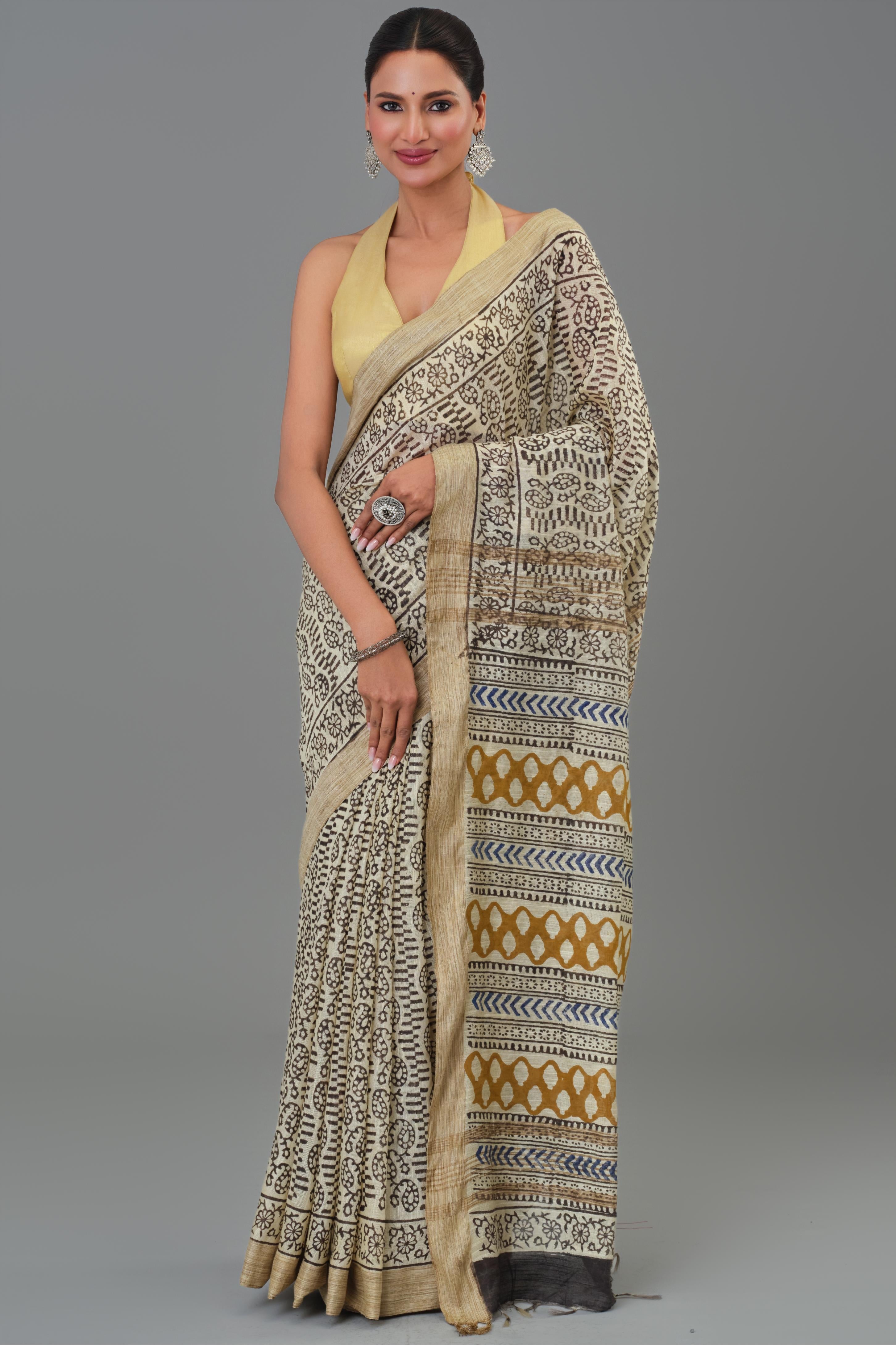 Beige Hand Block Printed Linen Saree