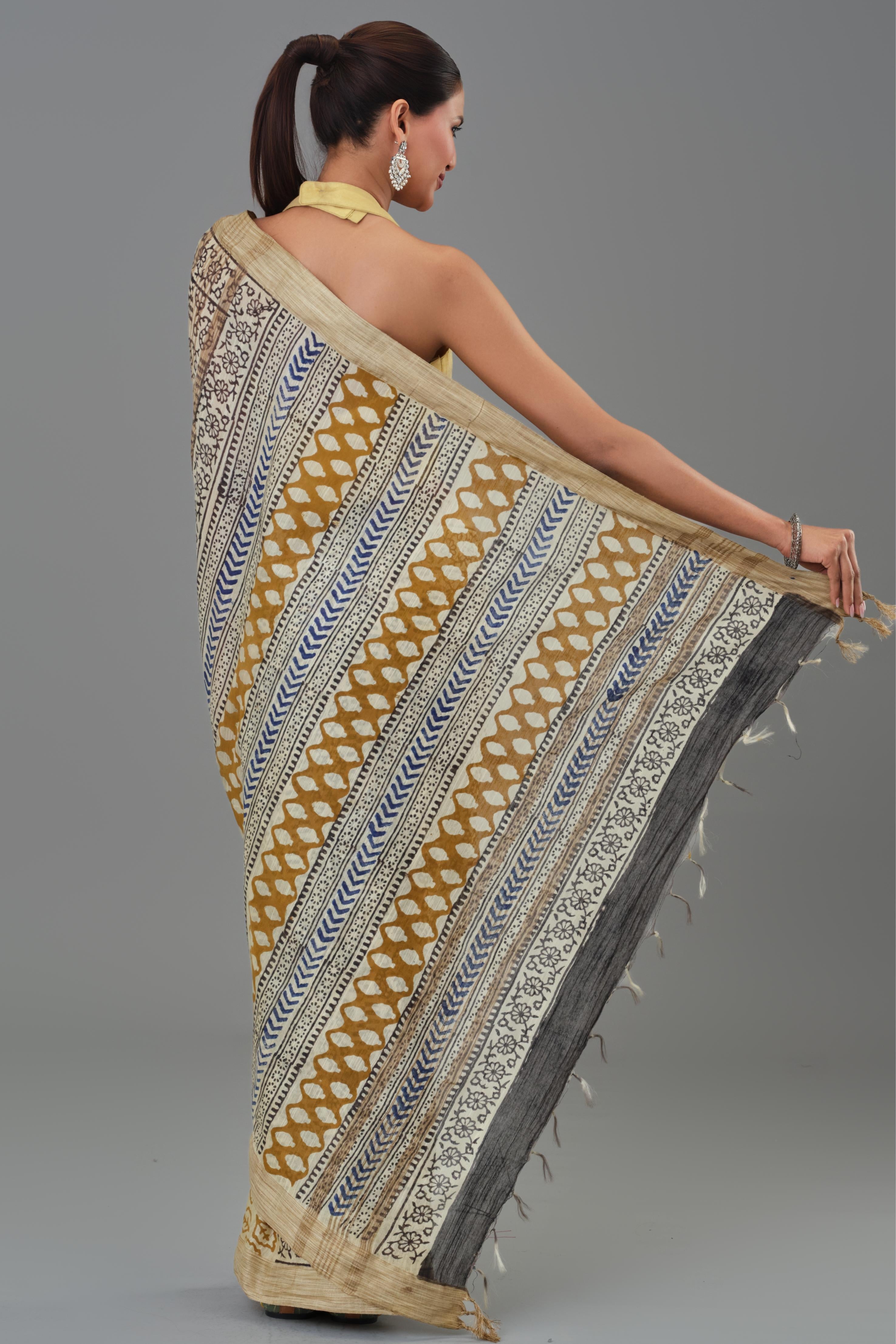 Beige Hand Block Printed Linen Saree