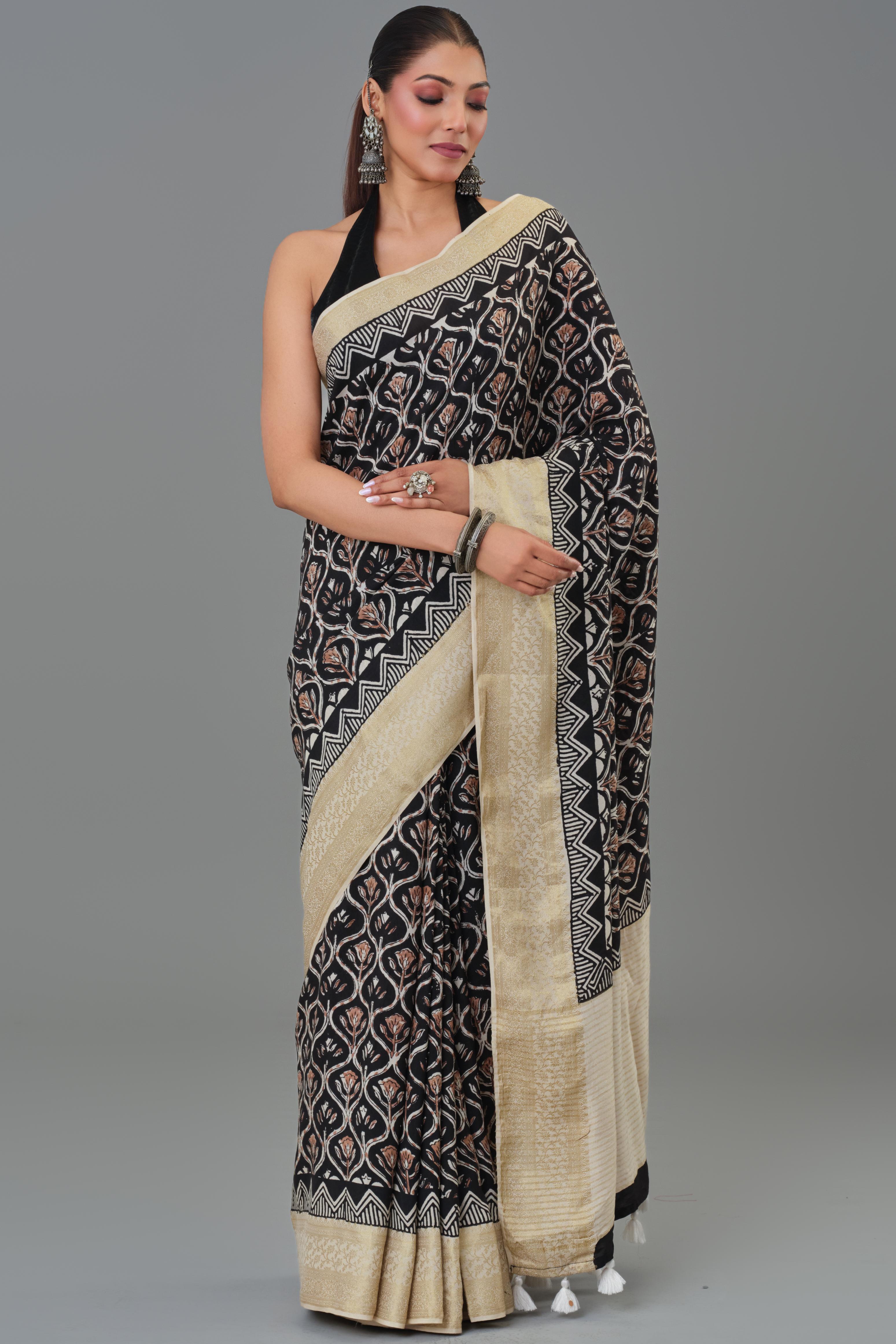 Black Hand Block Printed Dola Silk Saree