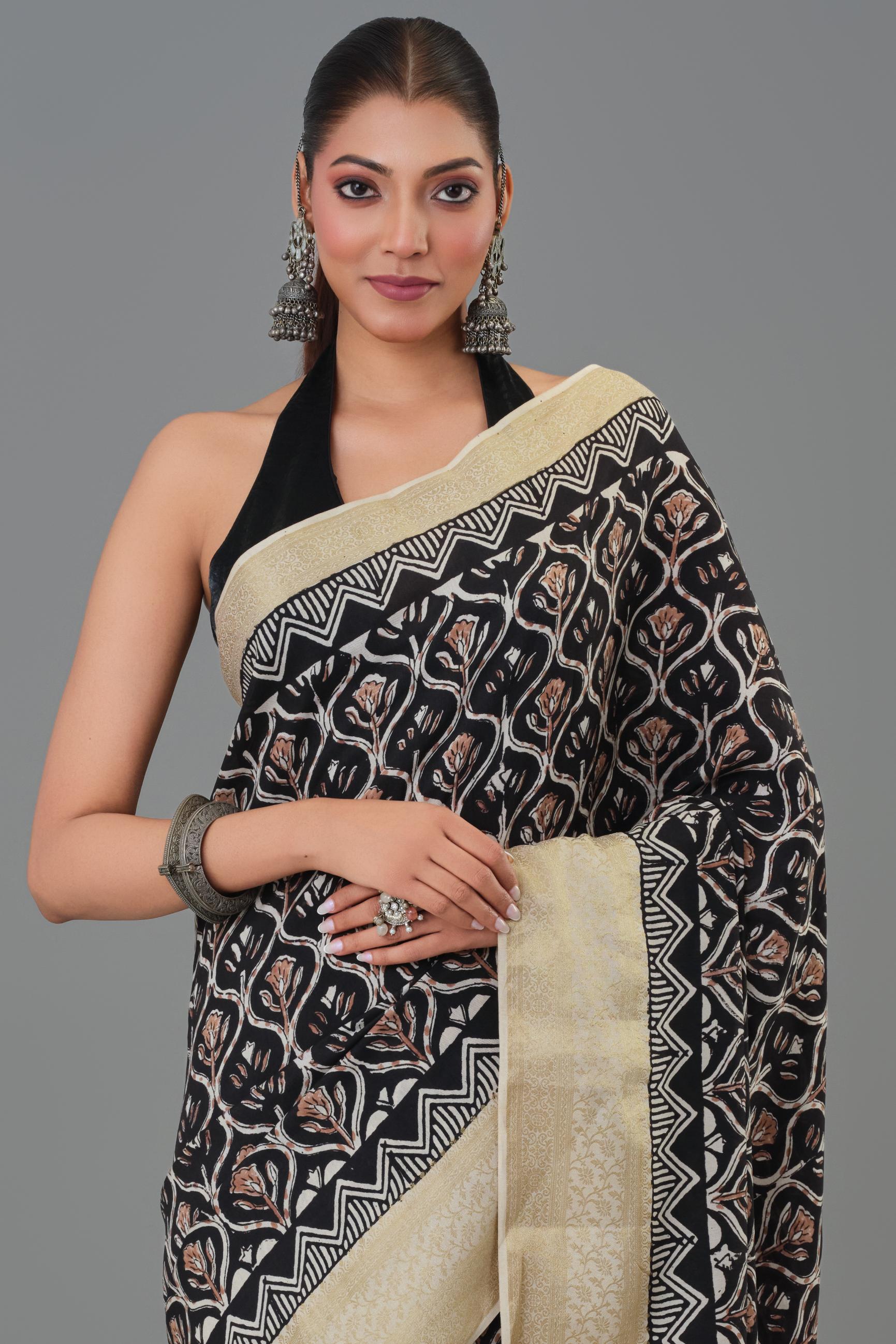 Black Hand Block Printed Dola Silk Saree
