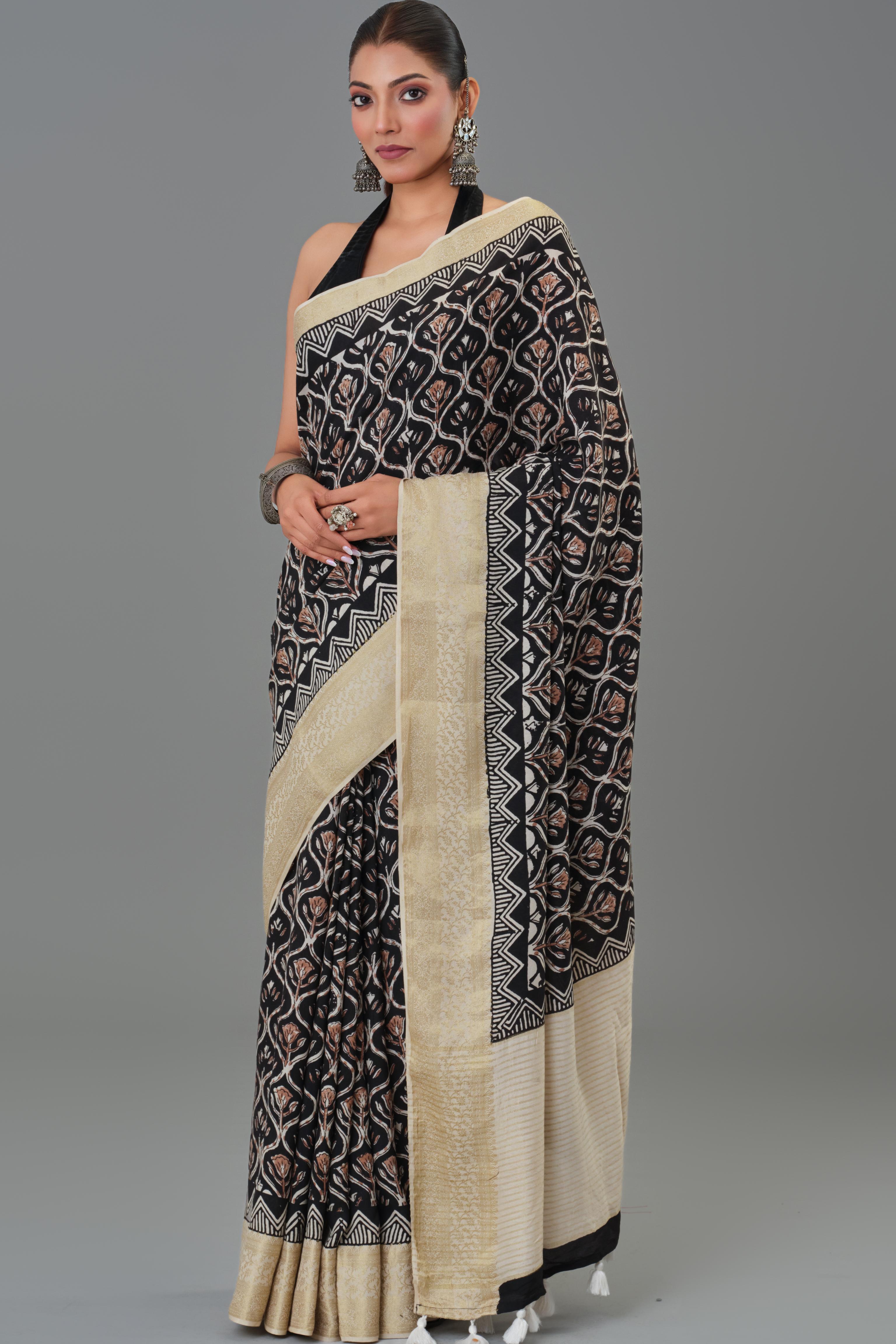 Black Hand Block Printed Dola Silk Saree