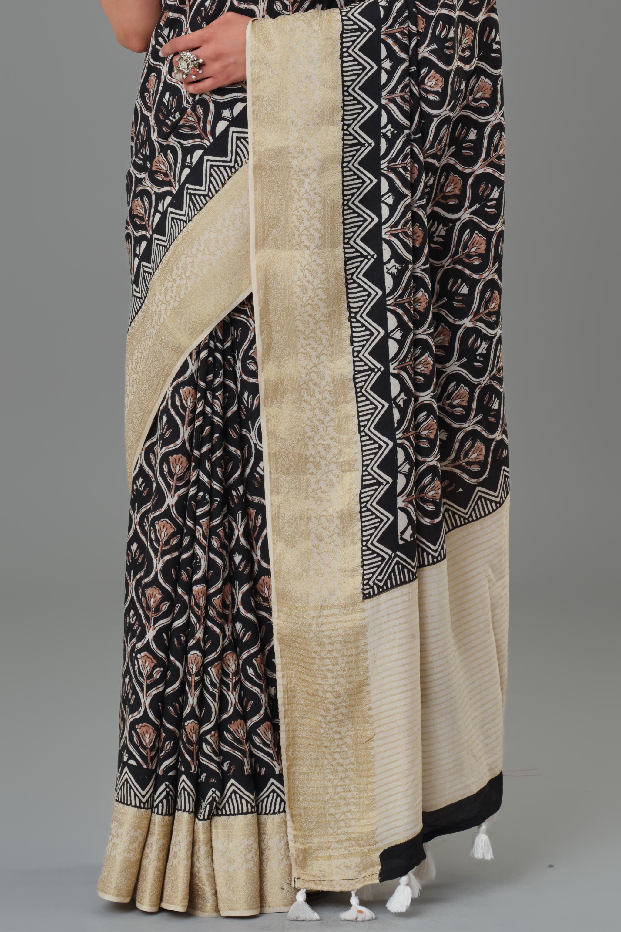 Black Hand Block Printed Dola Silk Saree