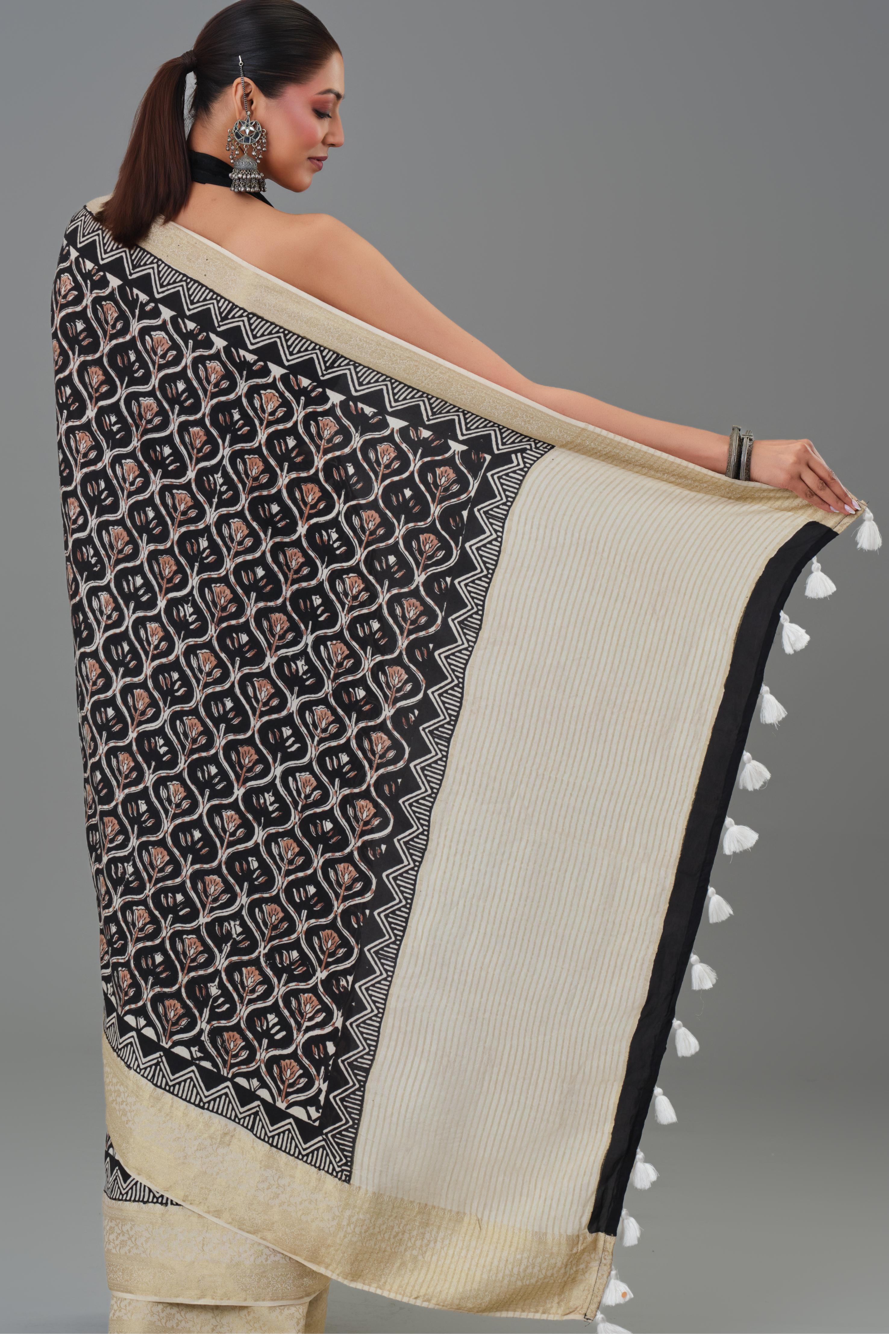 Black Hand Block Printed Dola Silk Saree