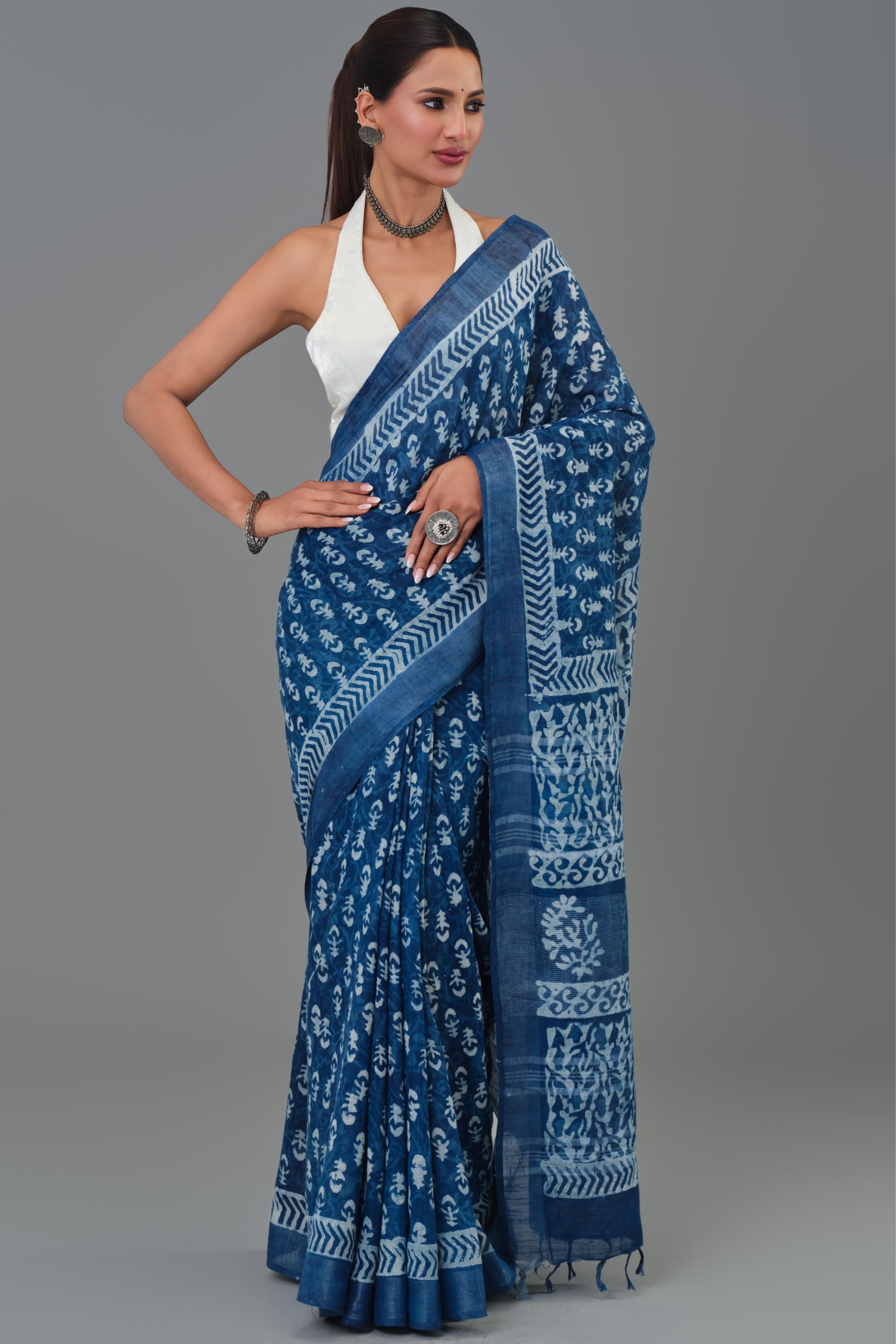 Indigo Hand Block Printed Linen Saree