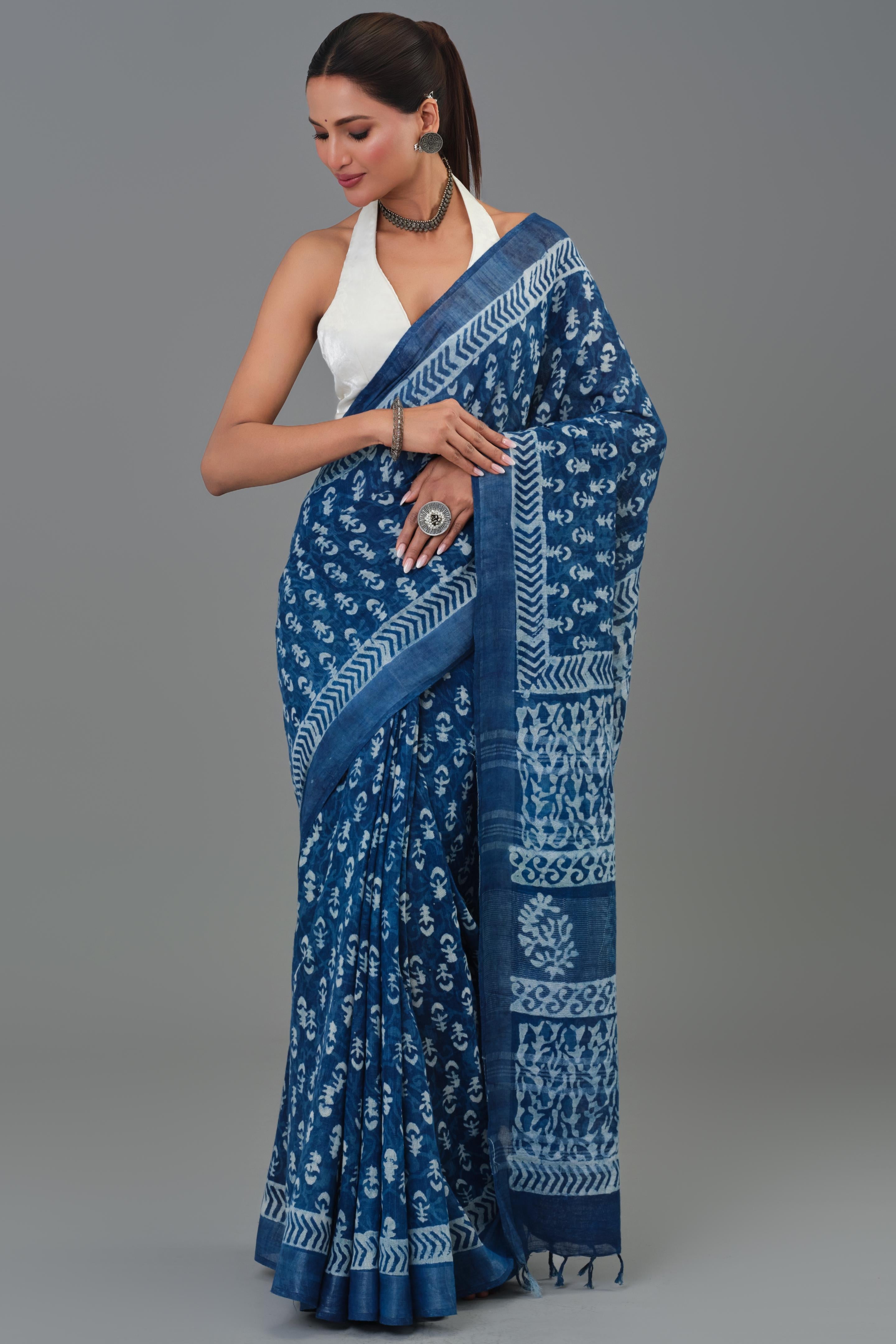 Indigo Hand Block Printed Linen Saree