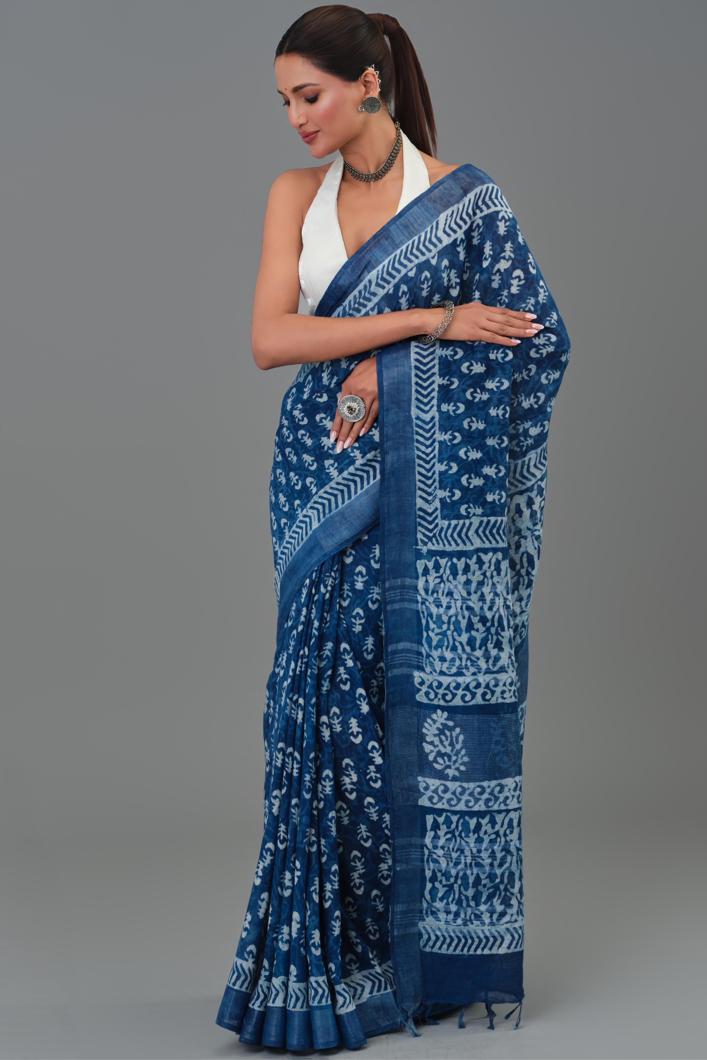 Indigo Hand Block Printed Linen Saree