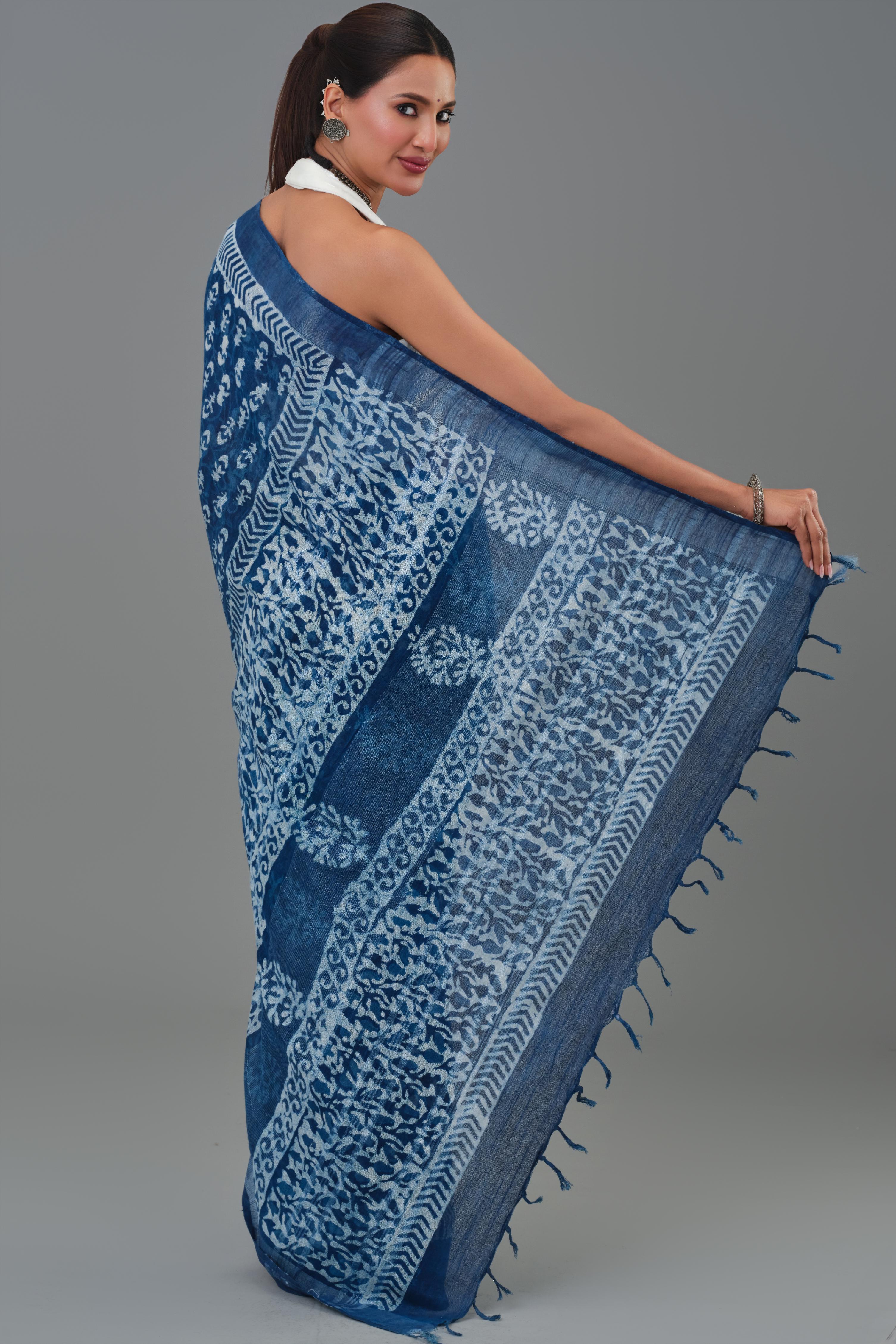 Indigo Hand Block Printed Linen Saree
