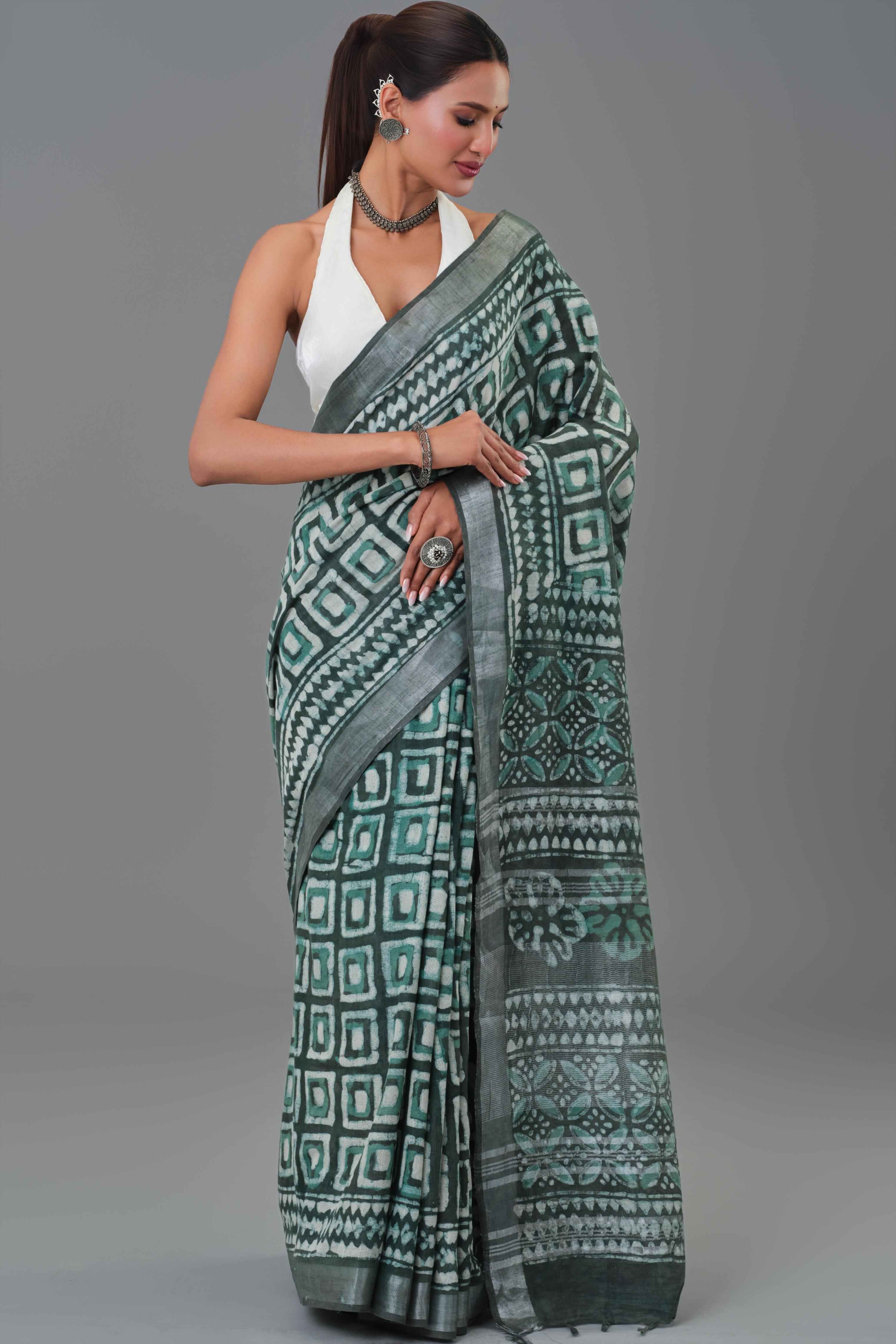 Teal Dabu Hand Block Printed Linen Saree
