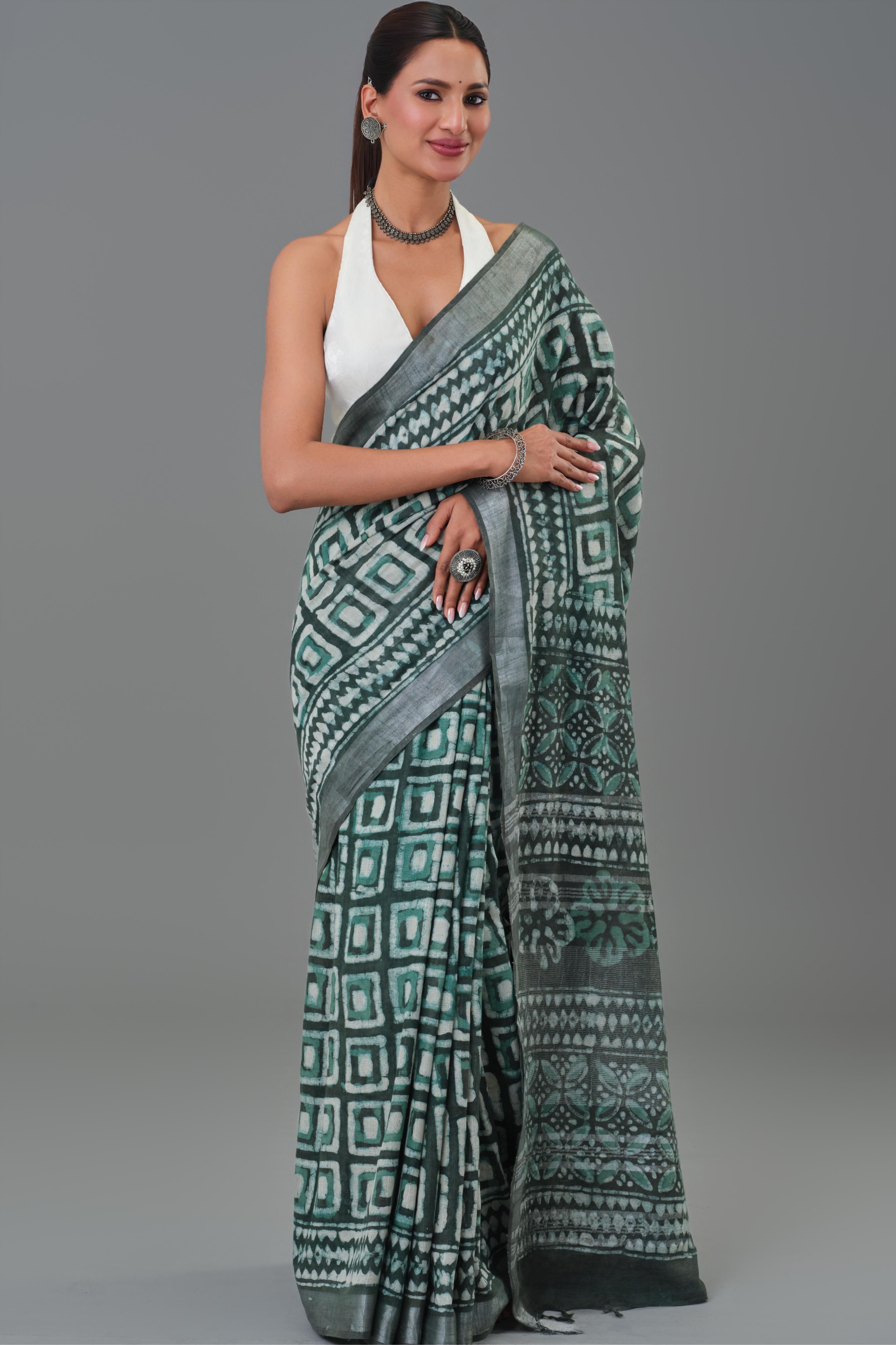 Teal Dabu Hand Block Printed Linen Saree