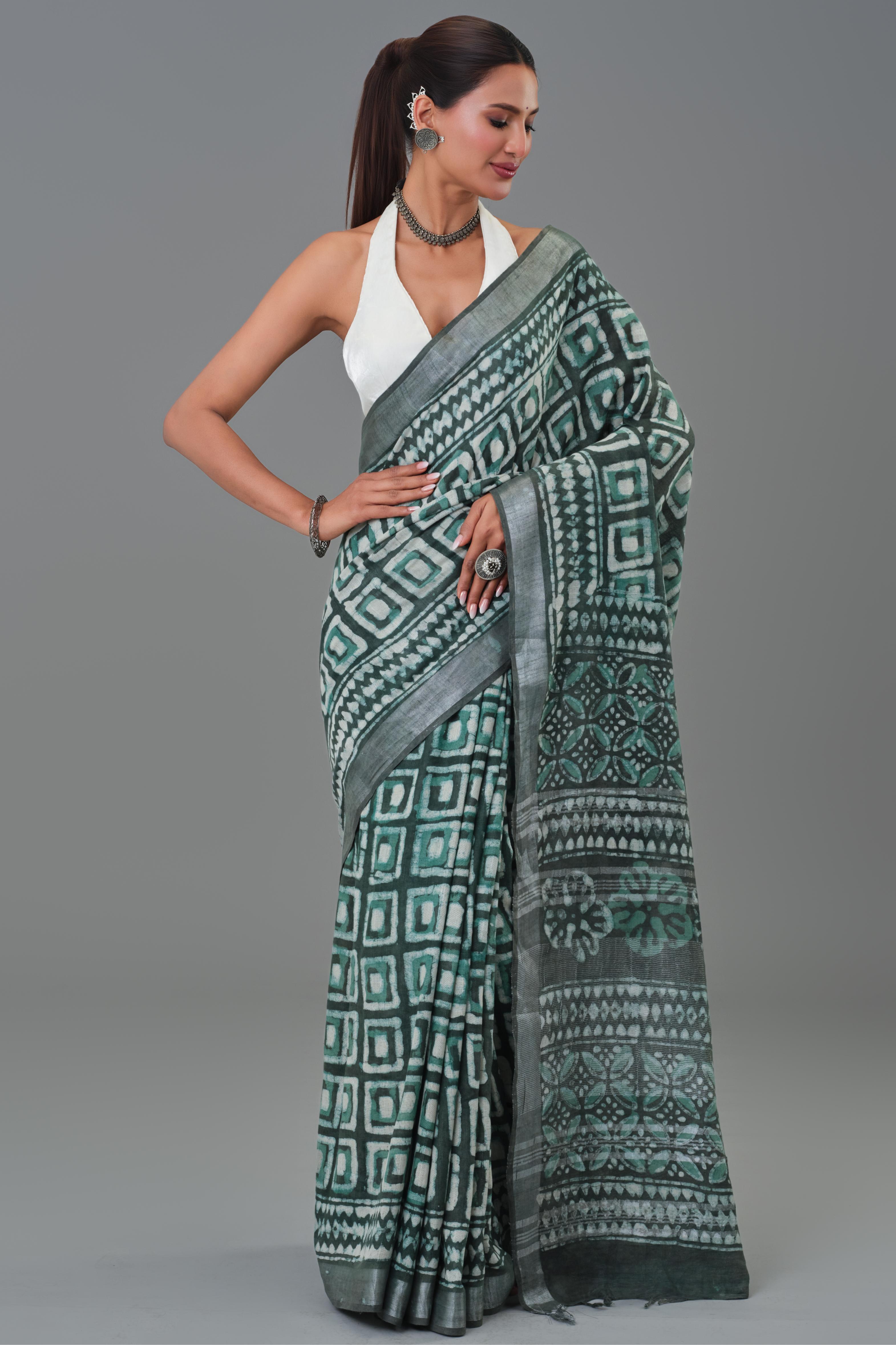 Teal Dabu Hand Block Printed Linen Saree